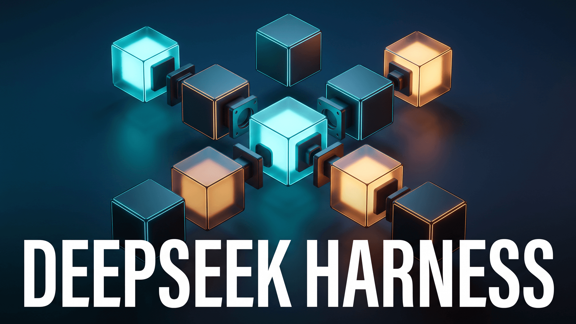 Irrallisia hehkuvia kuutioita ja liittimiä leijumassa sekä teksti DeepSeek Harness