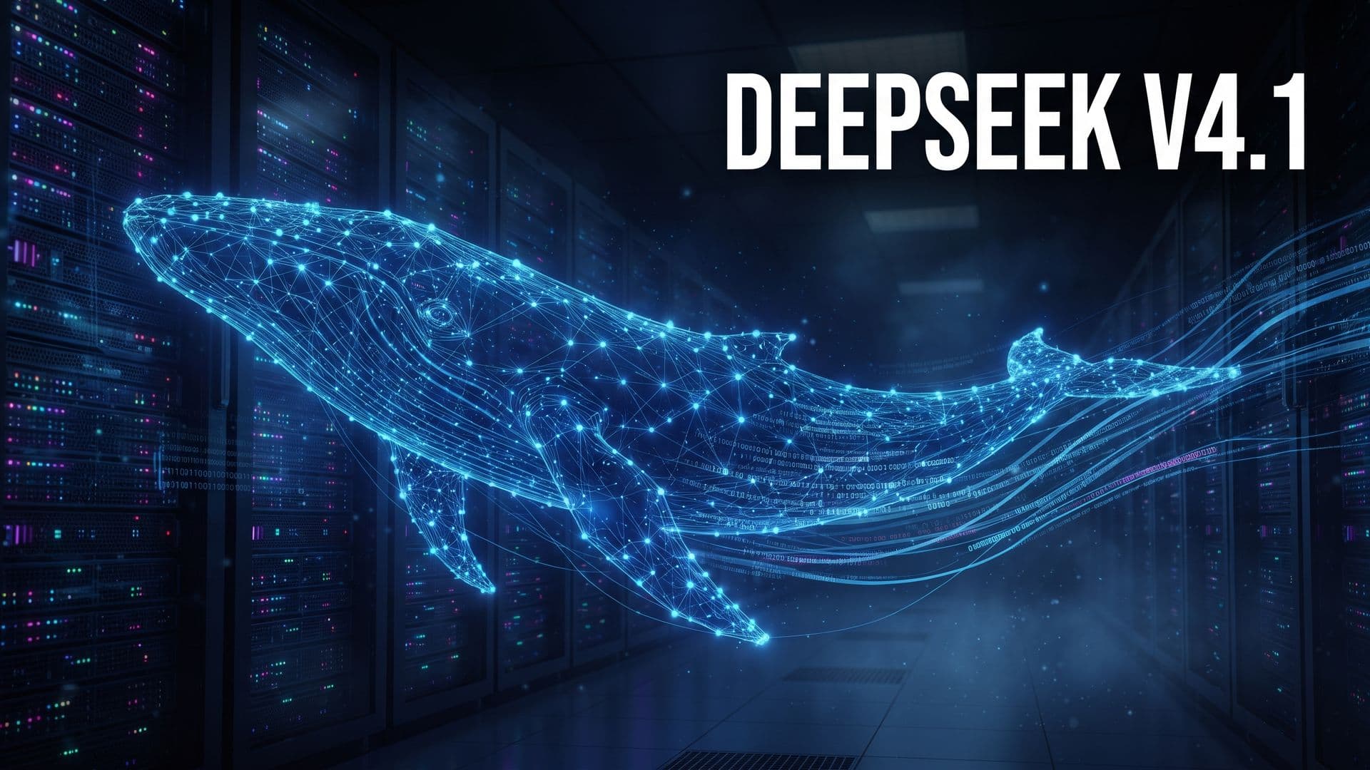 Datapisteistä muodostuva valaan hahmo ui palvelinsalissa, kuvassa teksti DEEPSEEK V4.1