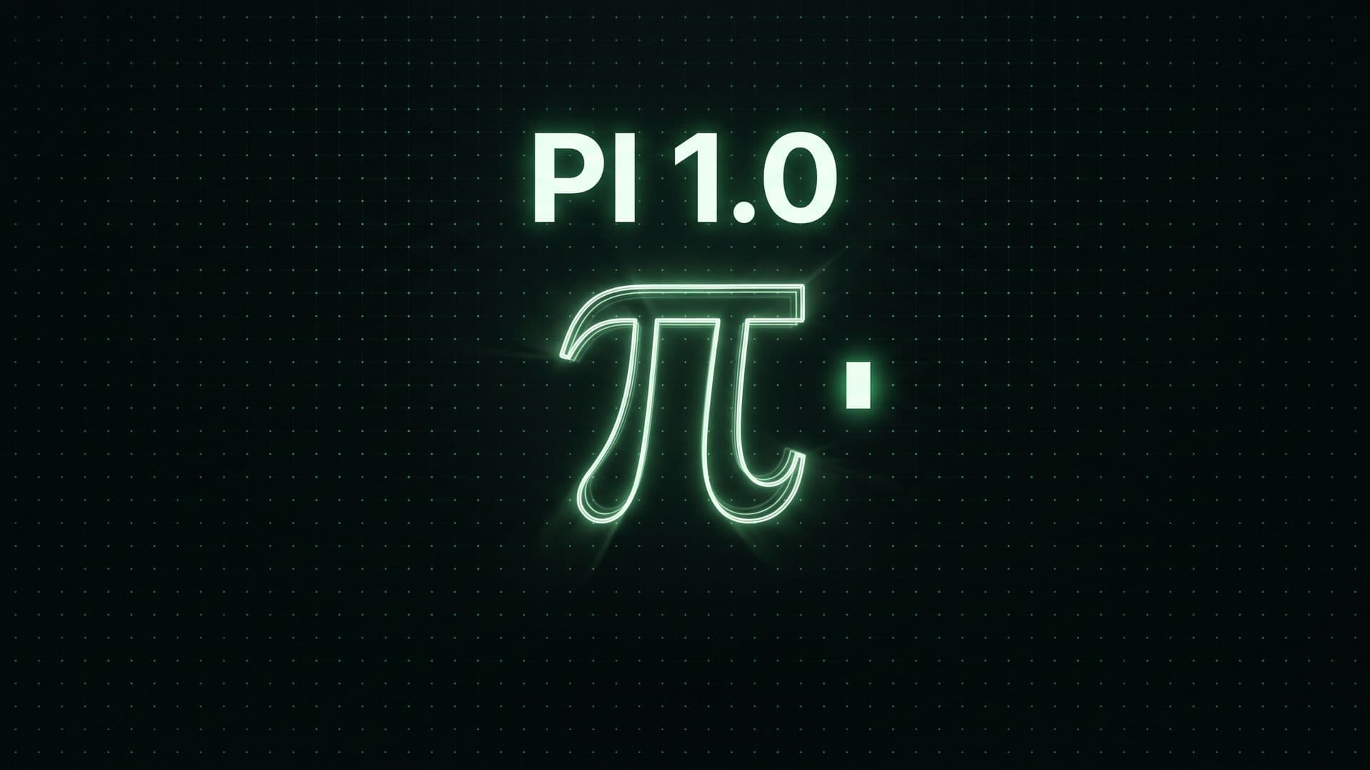 Hehkuva pii-symboli tummalla taustalla ja teksti Pi 1.0