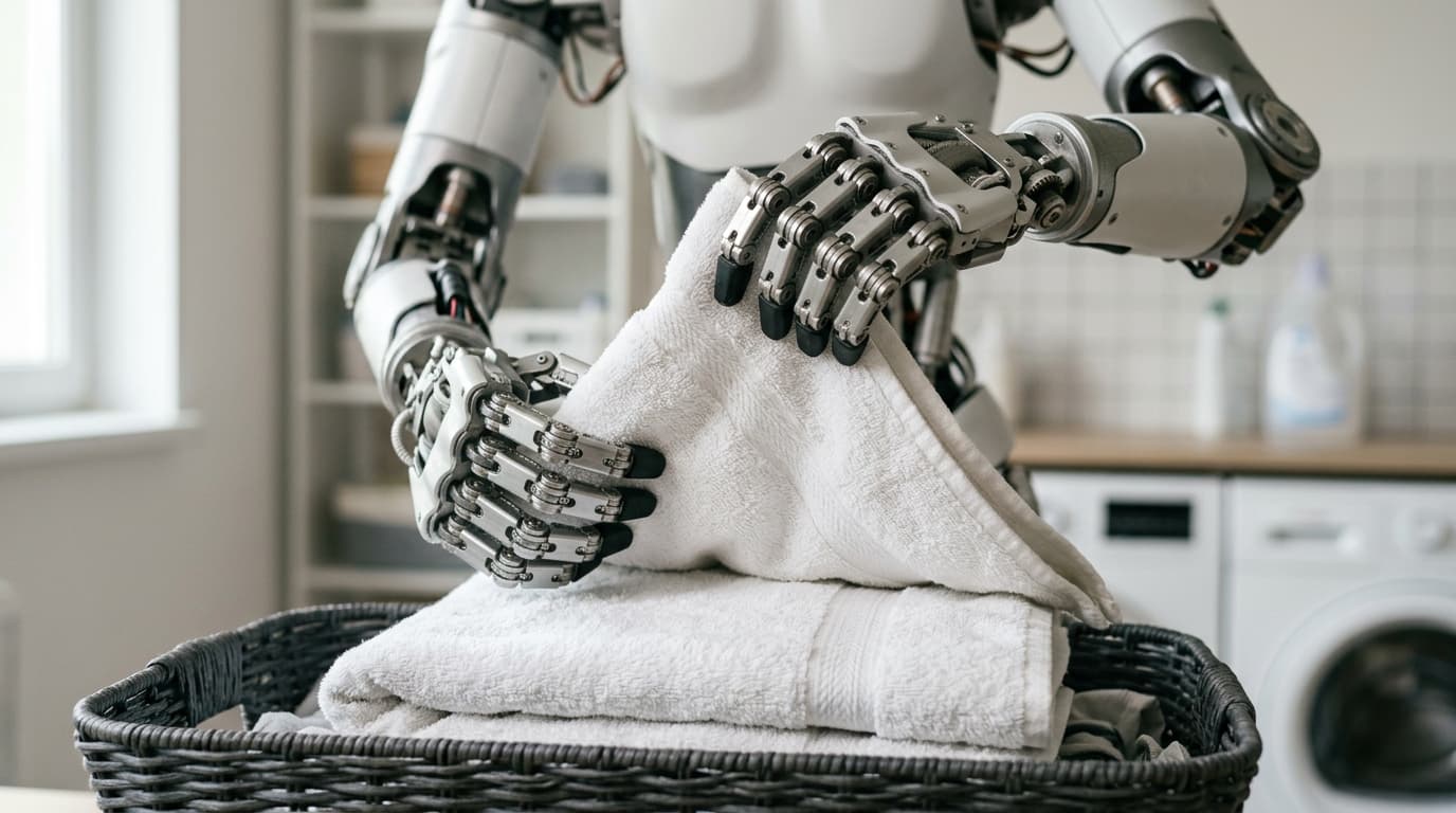 Robotin tarttujat taittavat valkoista pyyhettä pyykkikorin päällä