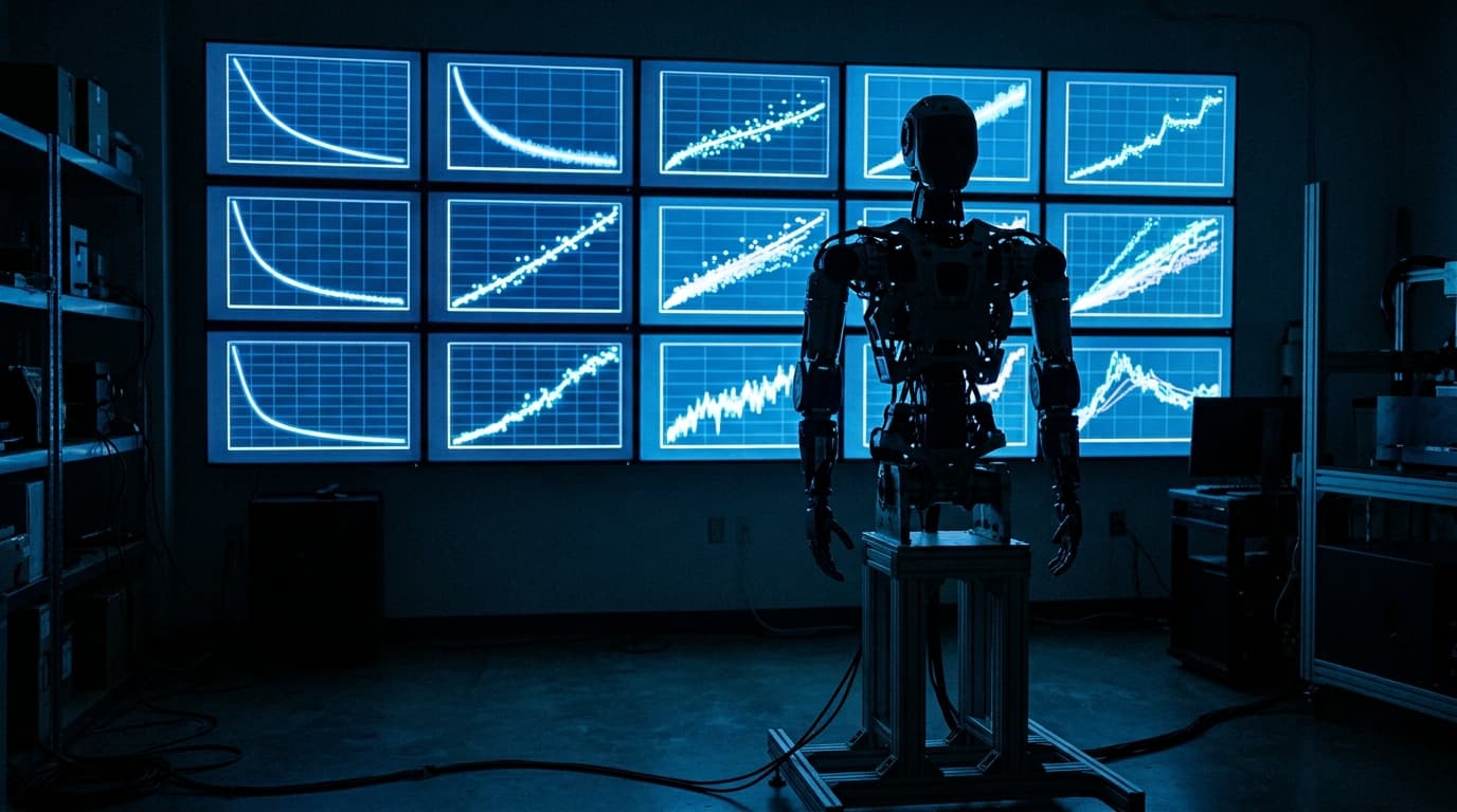 Tutkimuslaboratorion näytöillä laskevia oppimiskäyriä ja robotin ylävartalo edessä