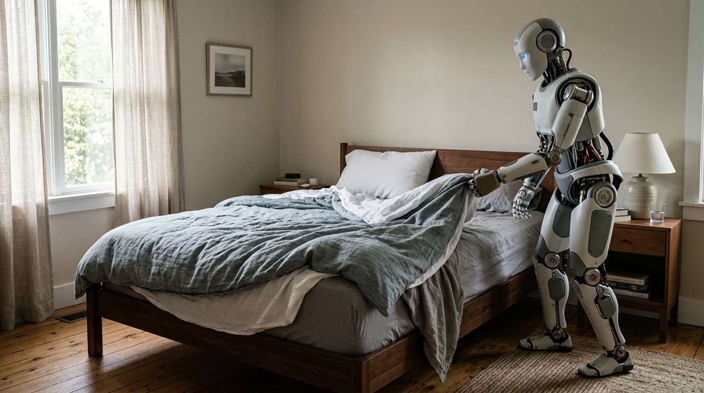Humanoidirobotti puolivalmiin sängyn vieressä makuuhuoneessa aamuvalossa