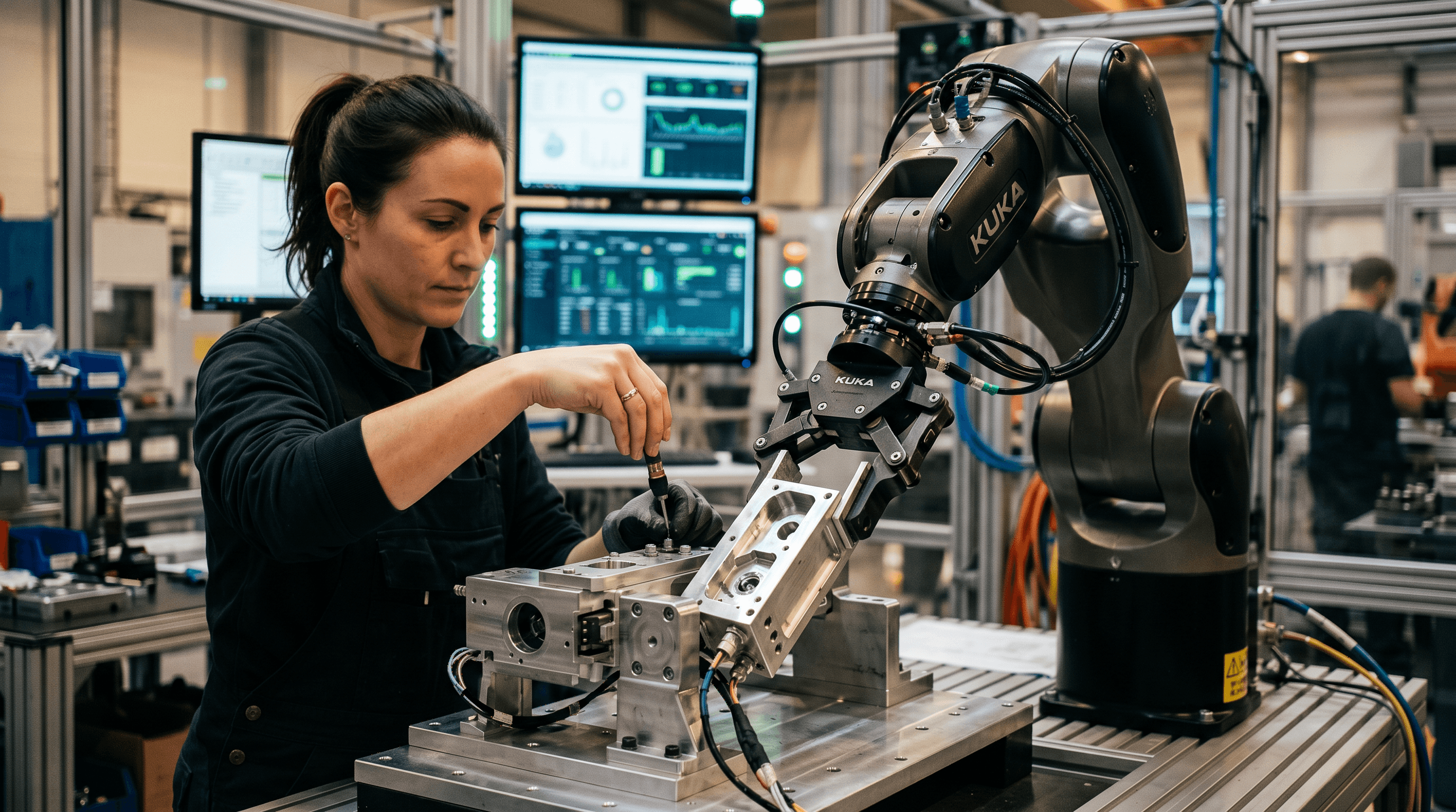 Robottikasi ja ihmiskasi tyostavat samaa osaa tehtaassa