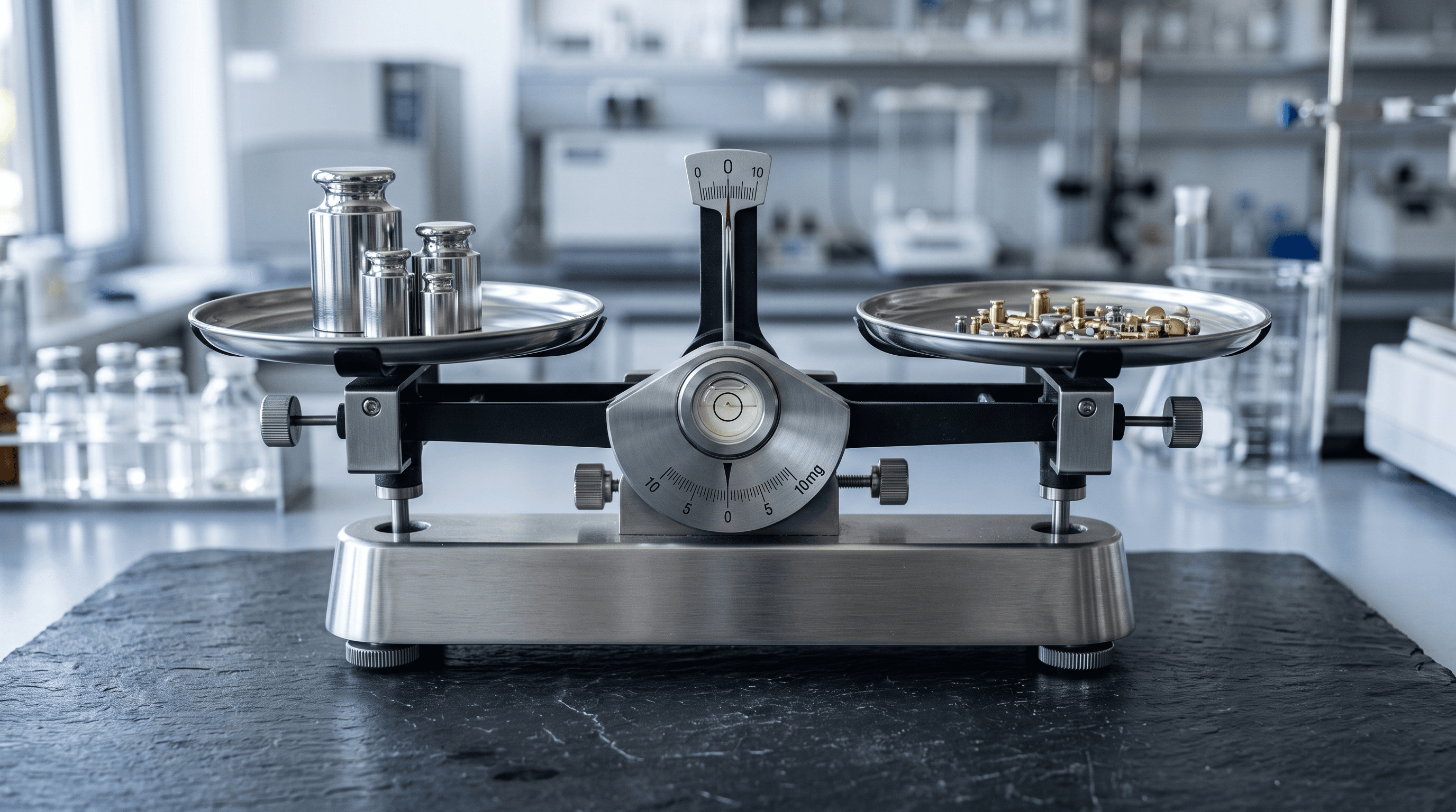 Laboratoriovaaka tummalla liuskekivipinnalla, punnukset tasapainossa molemmilla vaakakupeilla