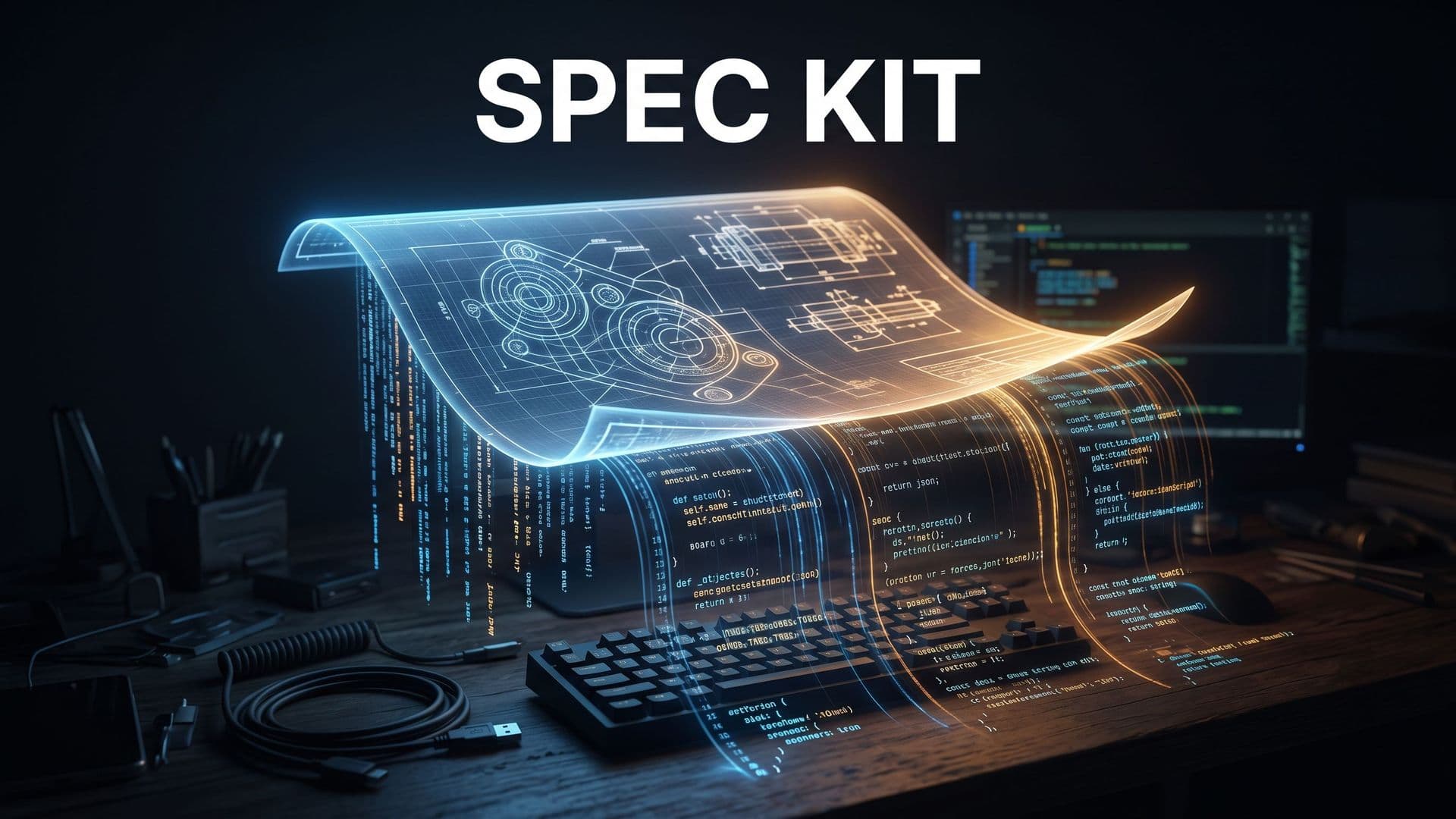 Spec Kit -kansikuva, jossa tekninen suunnitelma muuttuu lähdekoodiksi kehittäjän pöydällä.