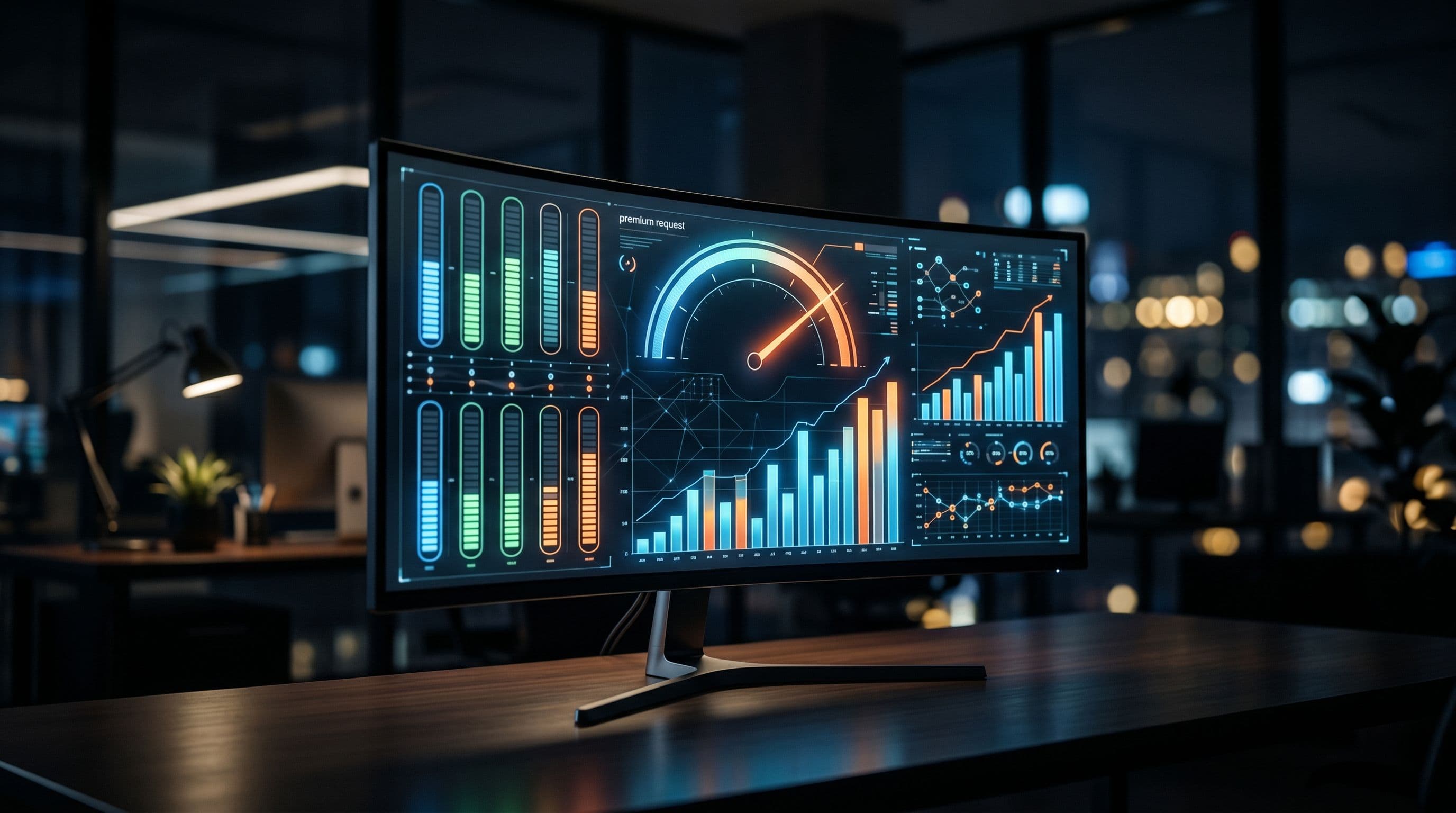 Abstrakti laskutusdashboard curved-näytöllä, käyttömittarit ja kaaviot pimennetyn toimiston taustaa vasten.