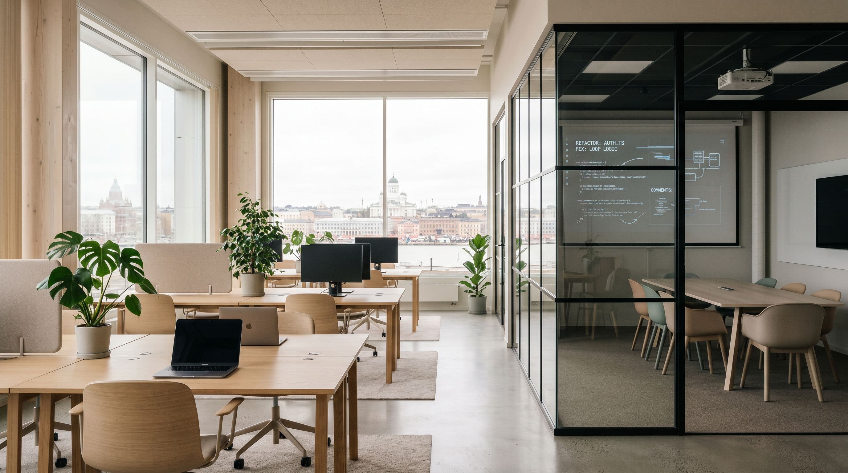 Modernin pohjoismaalaisen avokonttorin neuvotteluhuone, Helsingin siluetti suurten ikkunoiden takana.
