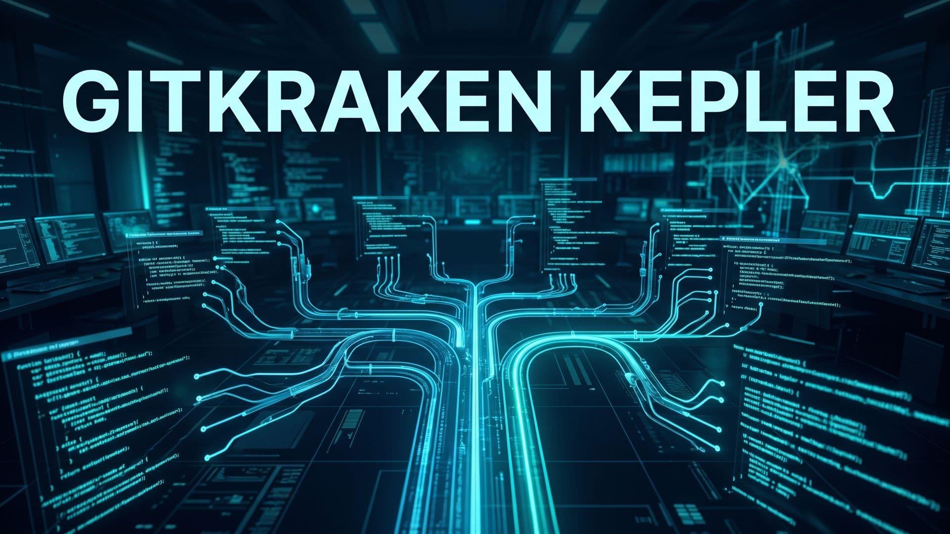GitKraken Kepler -kansikuva, jossa koodivirrat yhdistyvät yhdeksi