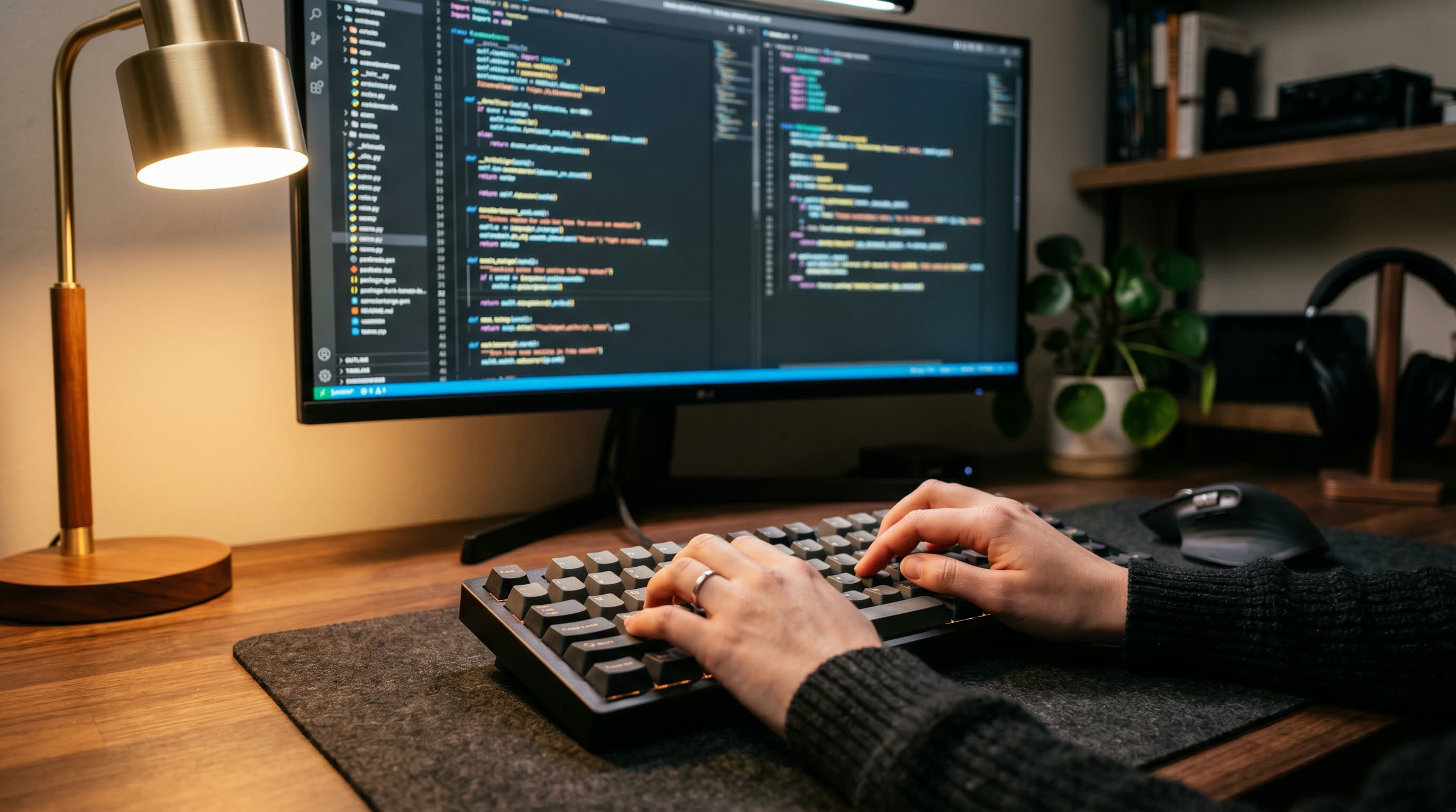 Kehittäjän kädet mekaanisella näppäimistöllä, taustalla värikoodattu Python-koodi