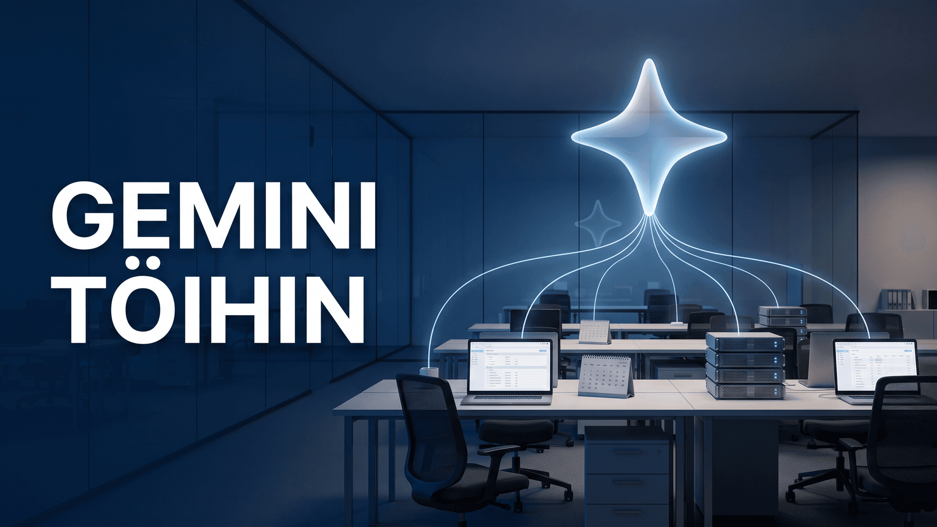 Hehkuva Gemini-tähti toimiston yllä ohjaa valojuovilla kannettavia ja palvelimia, teksti Gemini töihin