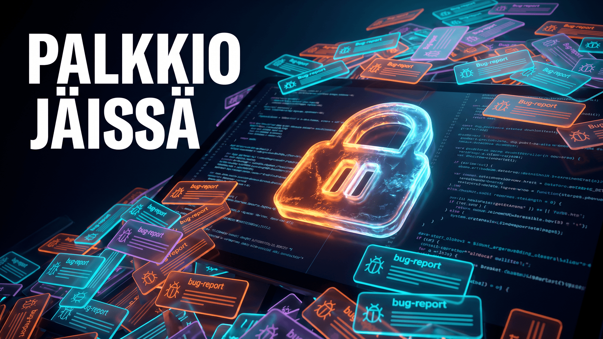 Hehkuvia vikailmoituskortteja vyöryy koodinäytön yli, keskellä lukko ja teksti Palkkio jäissä