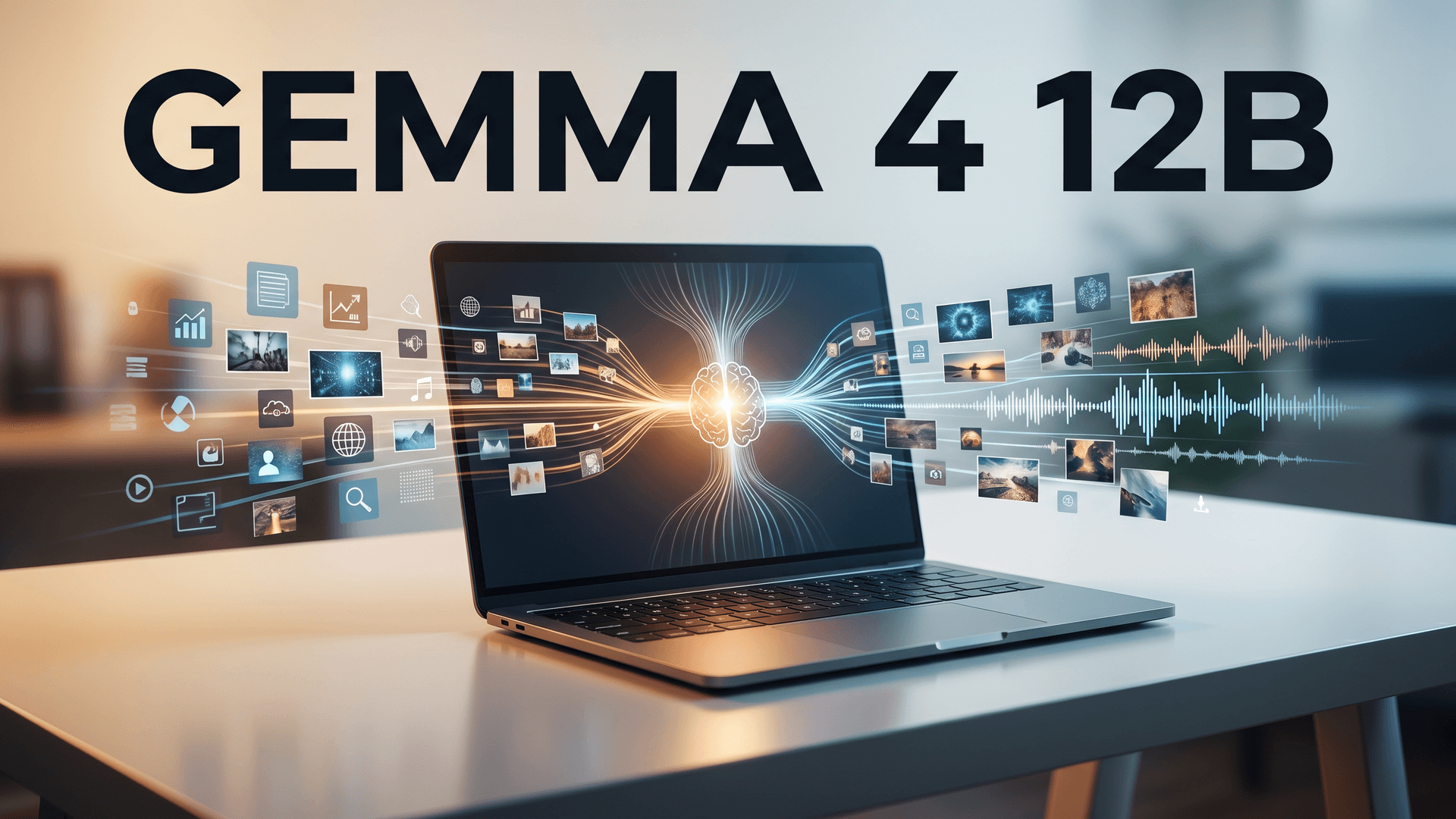Gemma 4 12B -julkaisun pääkuva, jossa kuva ja ääni virtaavat kannettavan tietokoneen neuroydinmalliin.