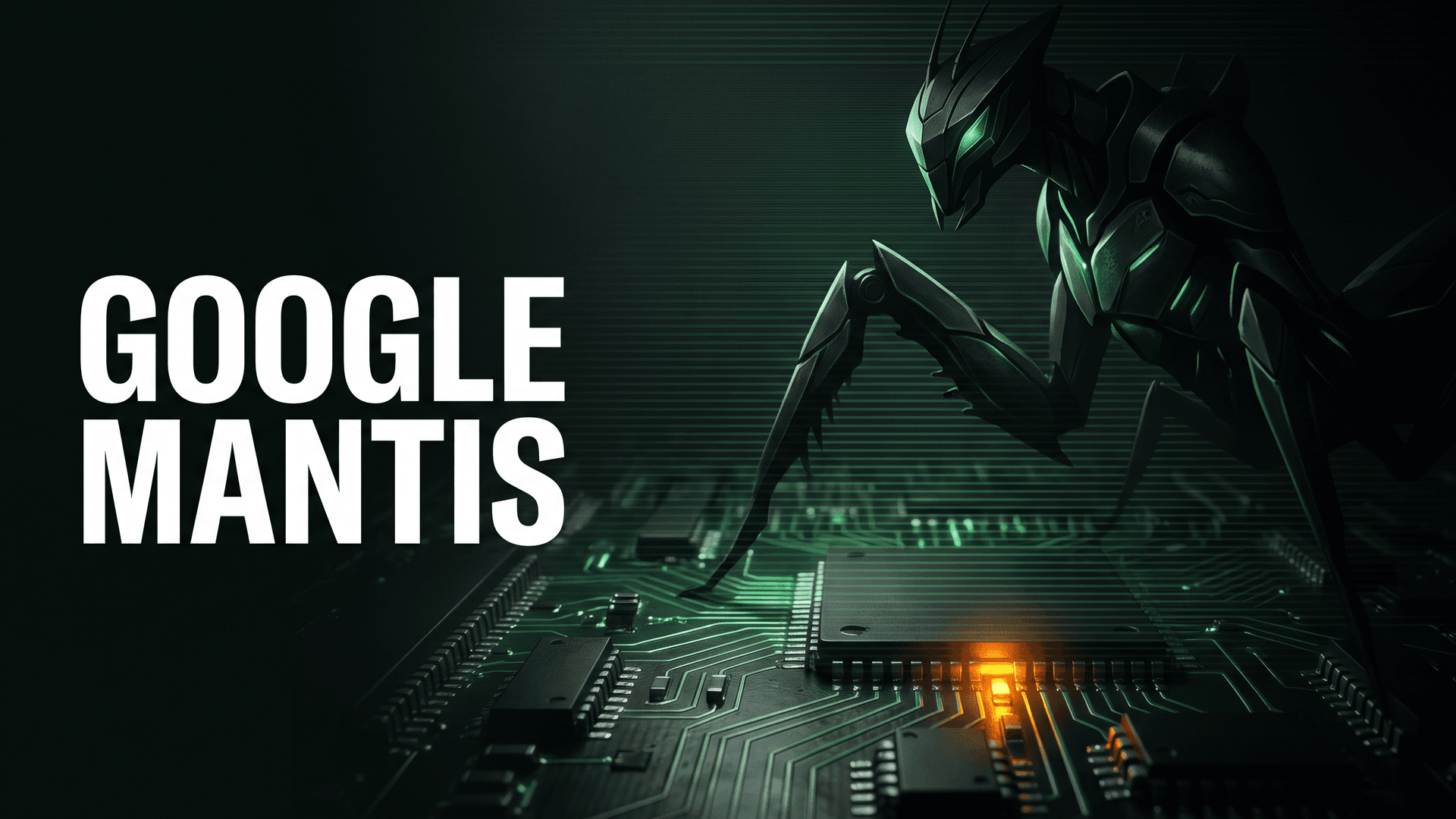 Google Mantis -grafiikka: mekaaninen rukoilijasirkka piirilevyn yllä
