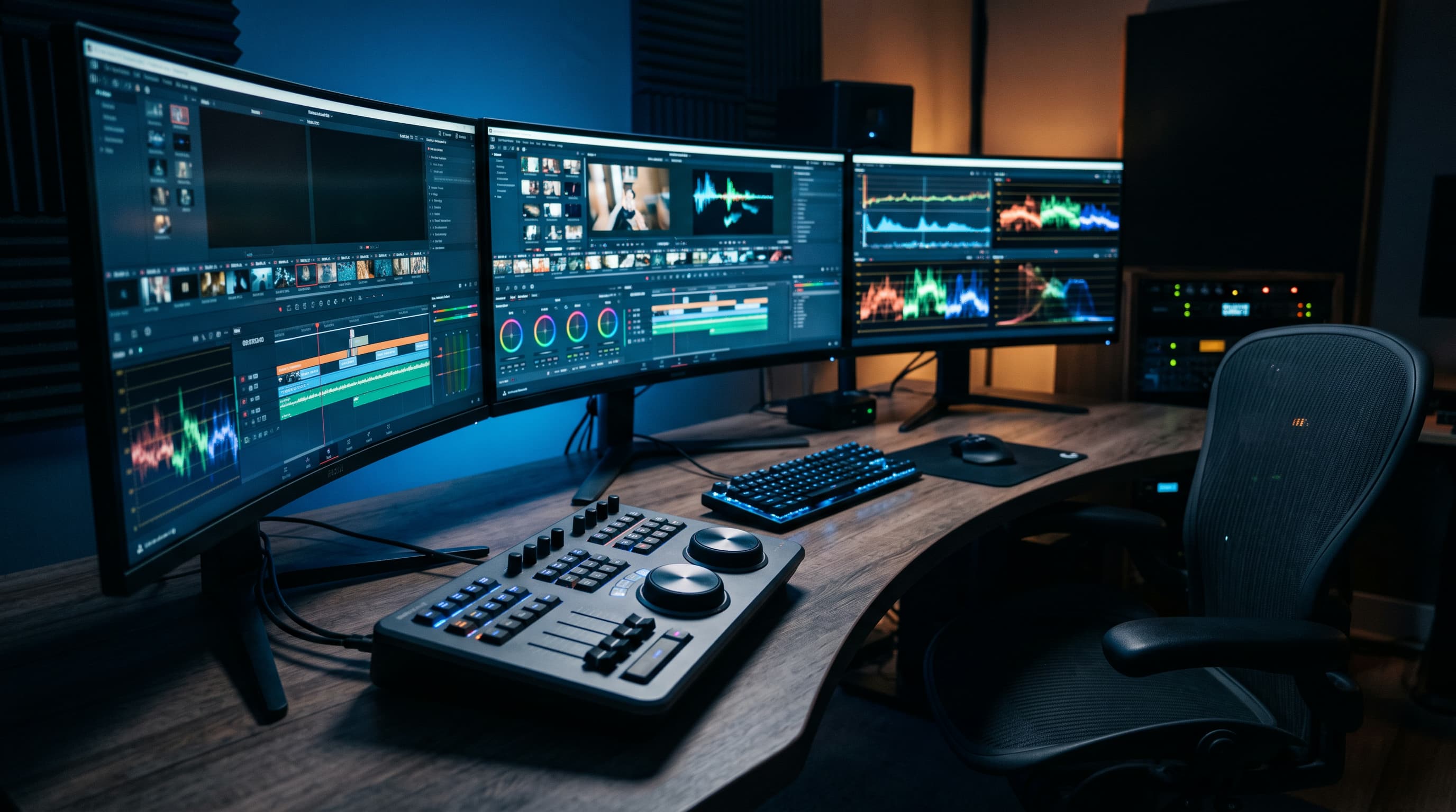Videoeditointistudio yöllä, kolme kaarevaa näyttöä ja aikajanat sinisessä valossa