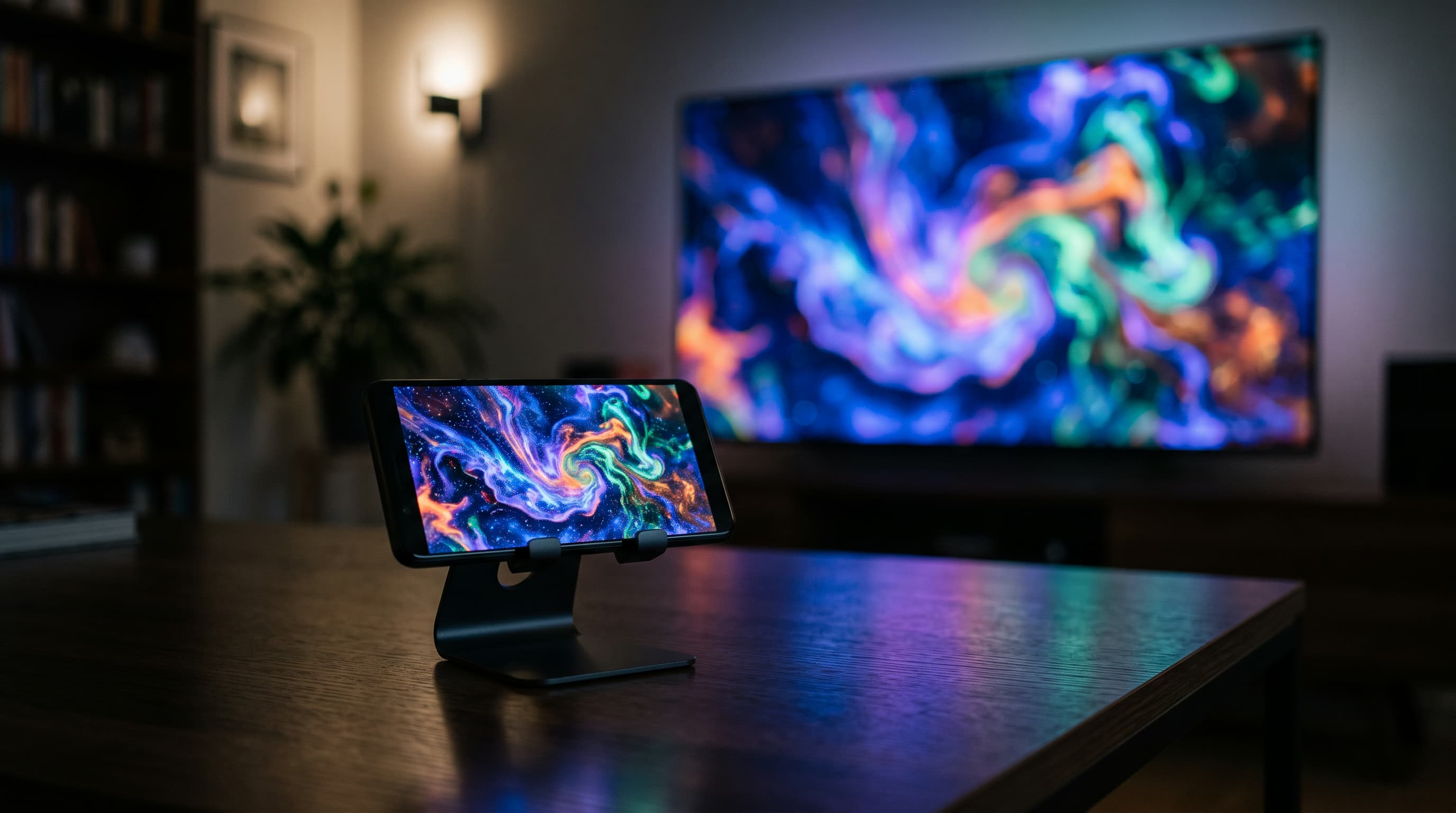 Puhelin toistaa videota telineessä, taustalla suuri näyttö samalla kuvavirralla