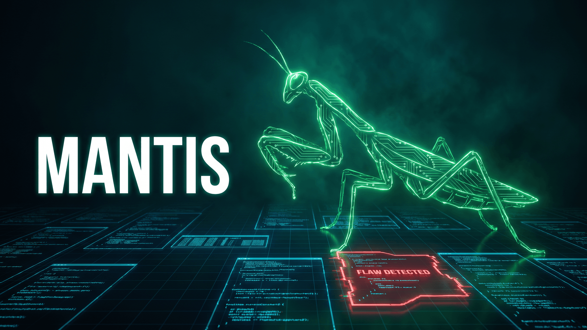 Piirilevykuvioinen rukoilijasirkka hehkuu vihreänä koodilohkojen yllä, teksti Mantis