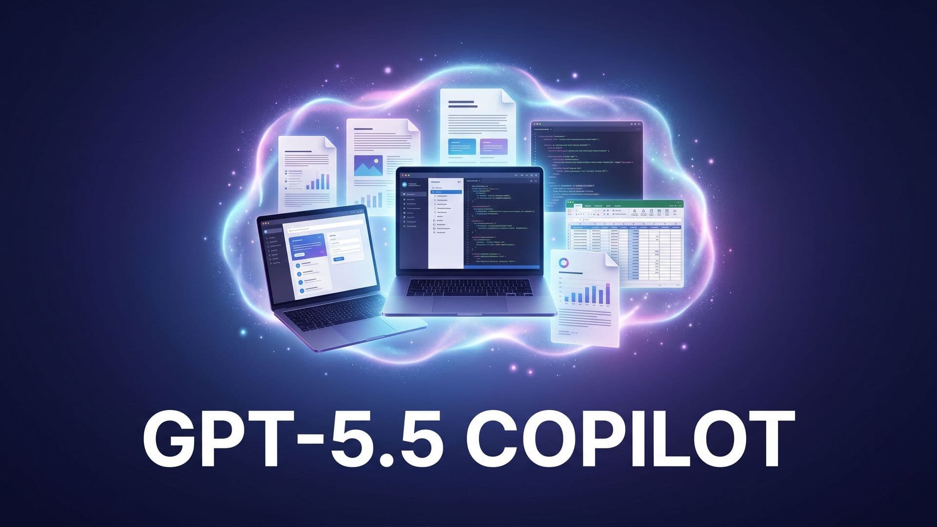 GPT-5.5 Copilot -kansigrafiikka modernissa toimistossa, sininen valohehku