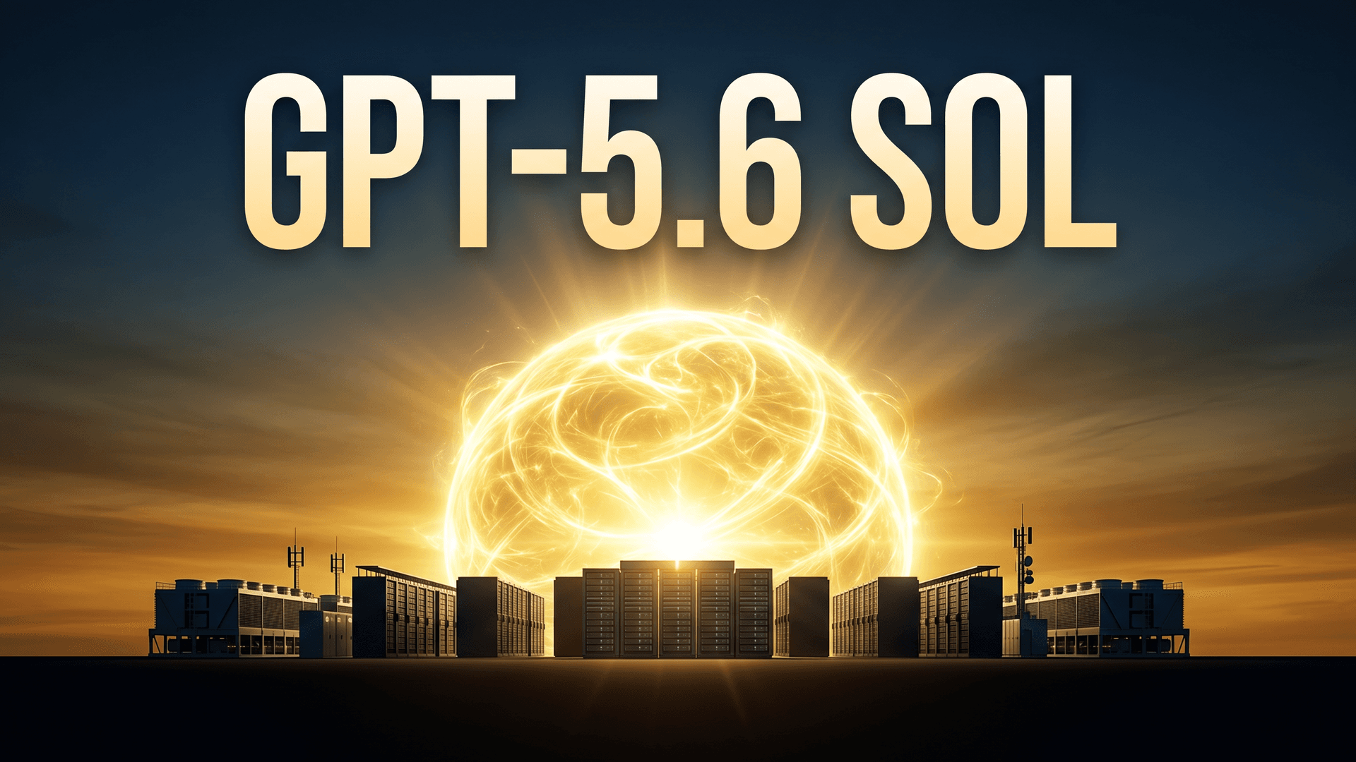 Loistava aurinkomainen valopallo nousee tummalla datakeskusta esittävällä taustalla, teksti GPT-5.6 SOL