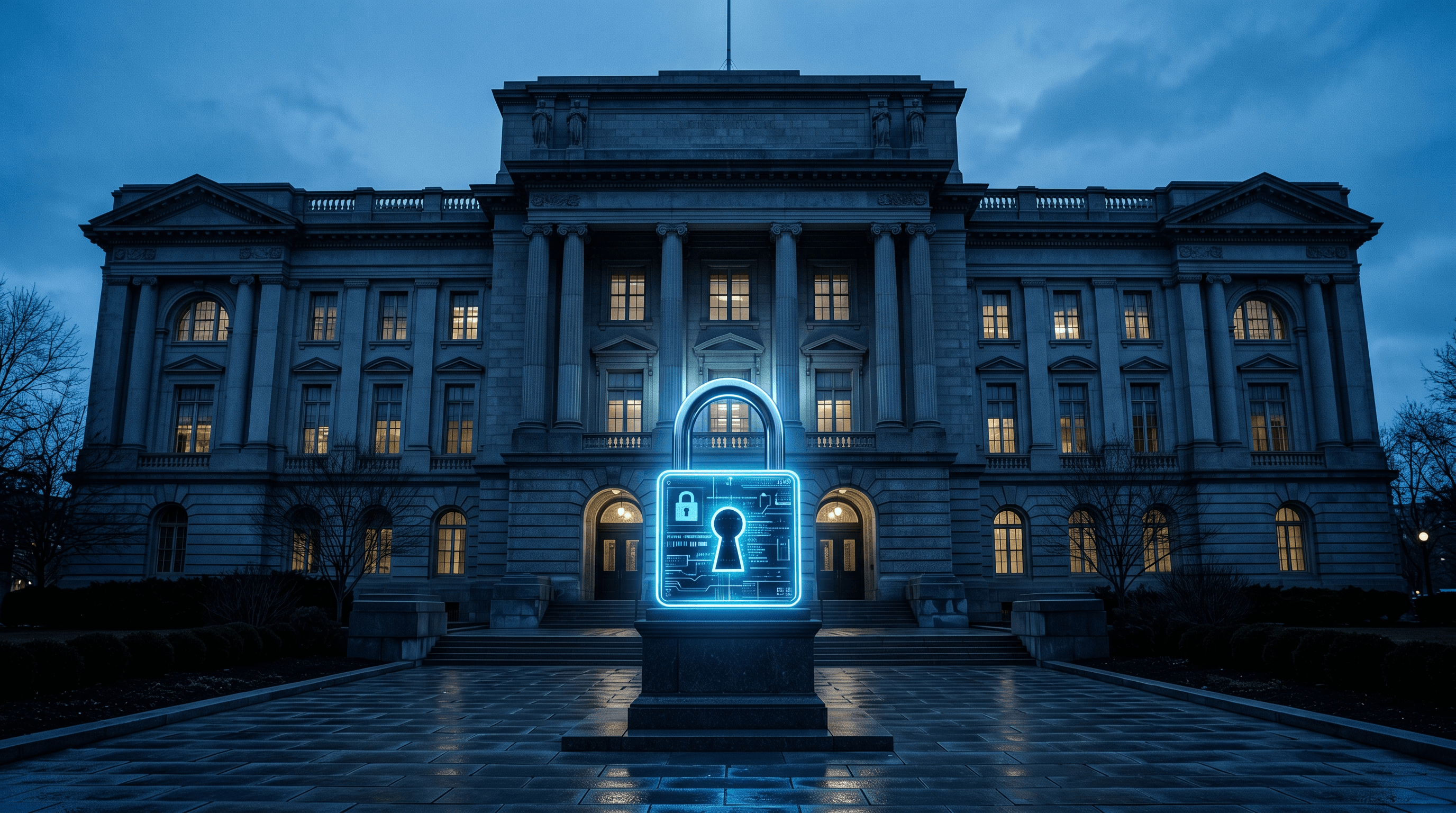 Hehkuva digitaalinen lukko hallintorakennuksen edessa kuvaamassa rajattua paasya