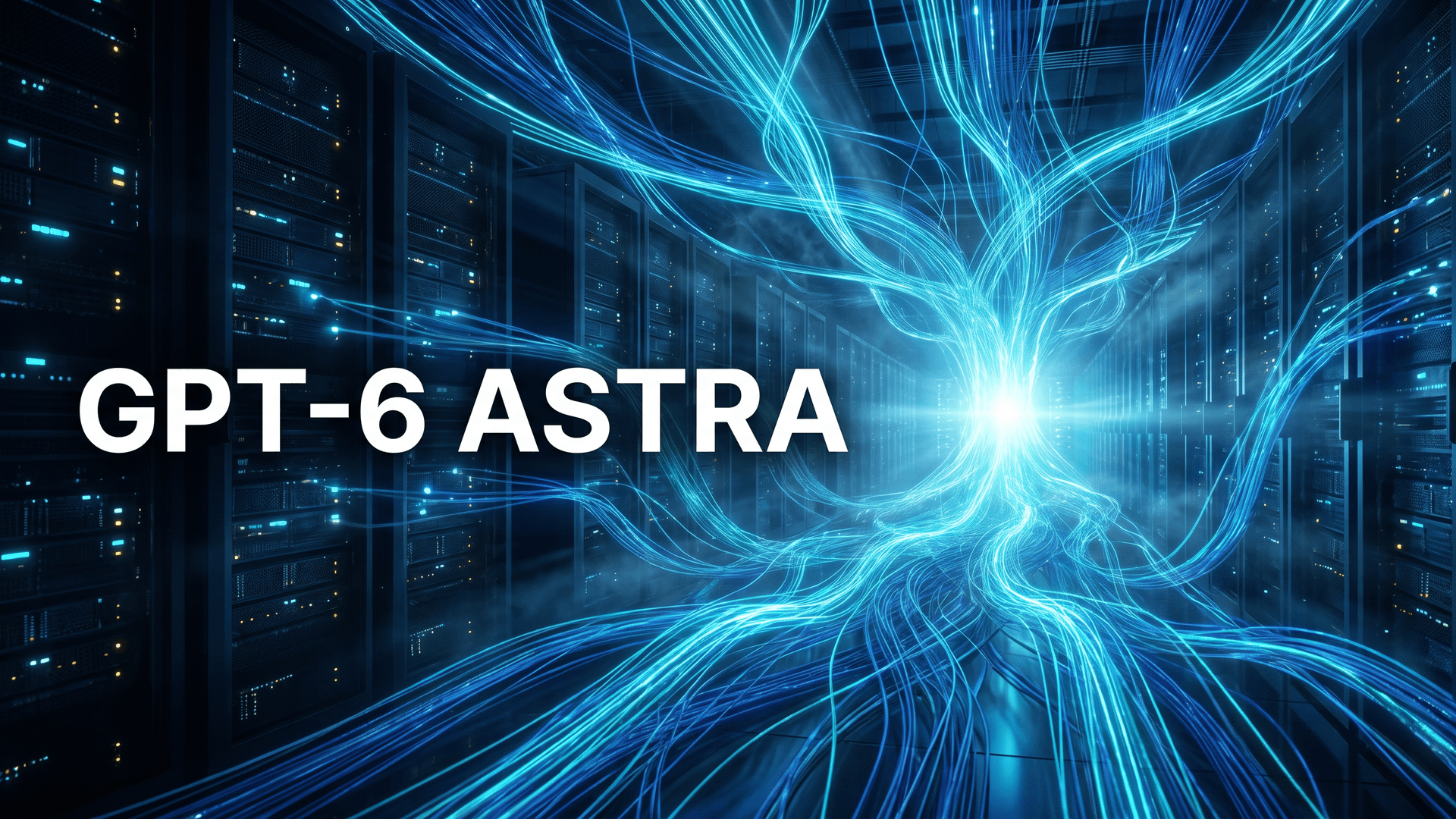 Sinisävyinen konesalikäytävä ja valojuovat, päällä teksti GPT-6 ASTRA