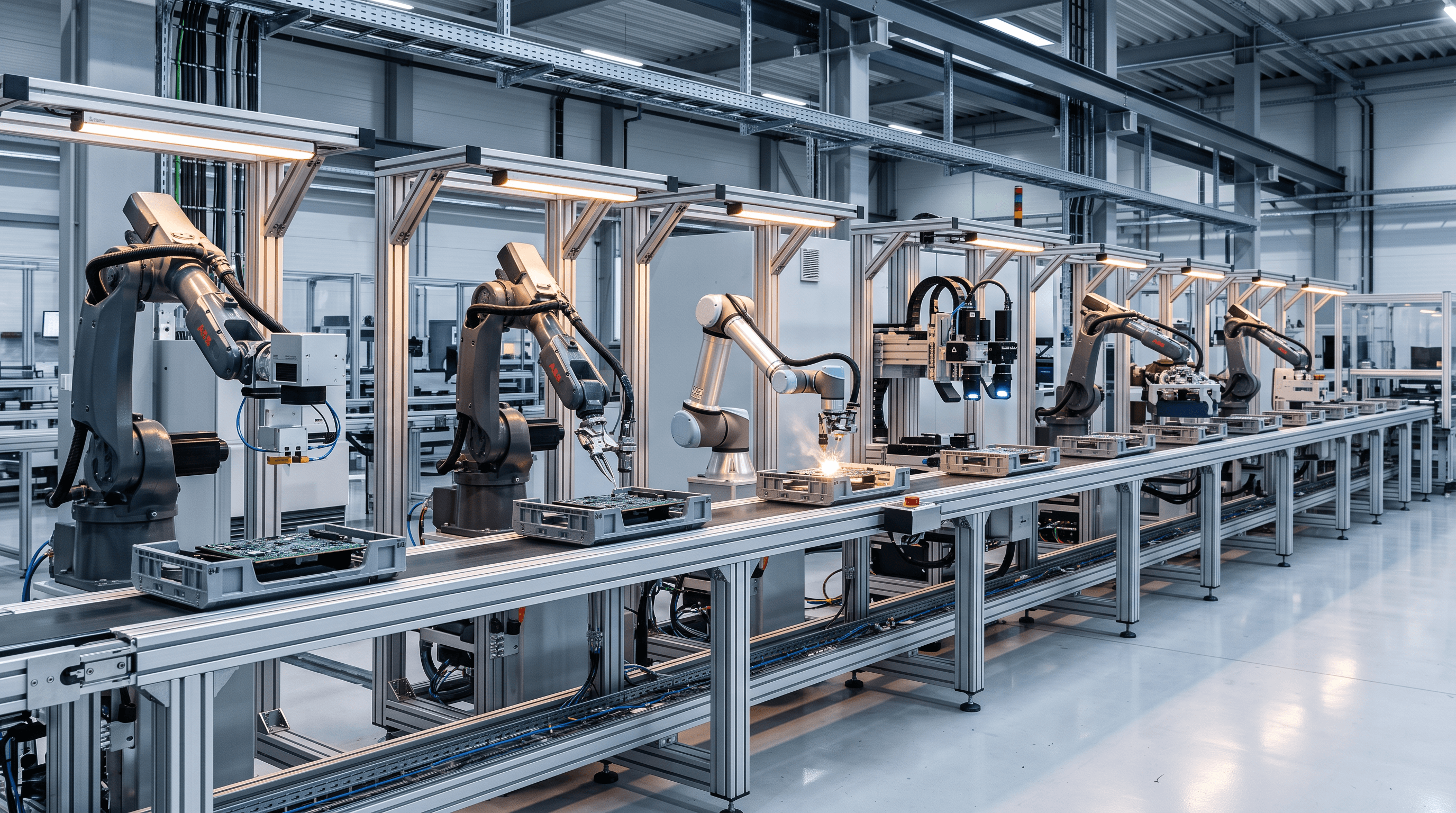 Automatisoitu tuotantolinja, jossa erikoistuneet robottiasemat tekevät vuorollaan yhden työvaiheen