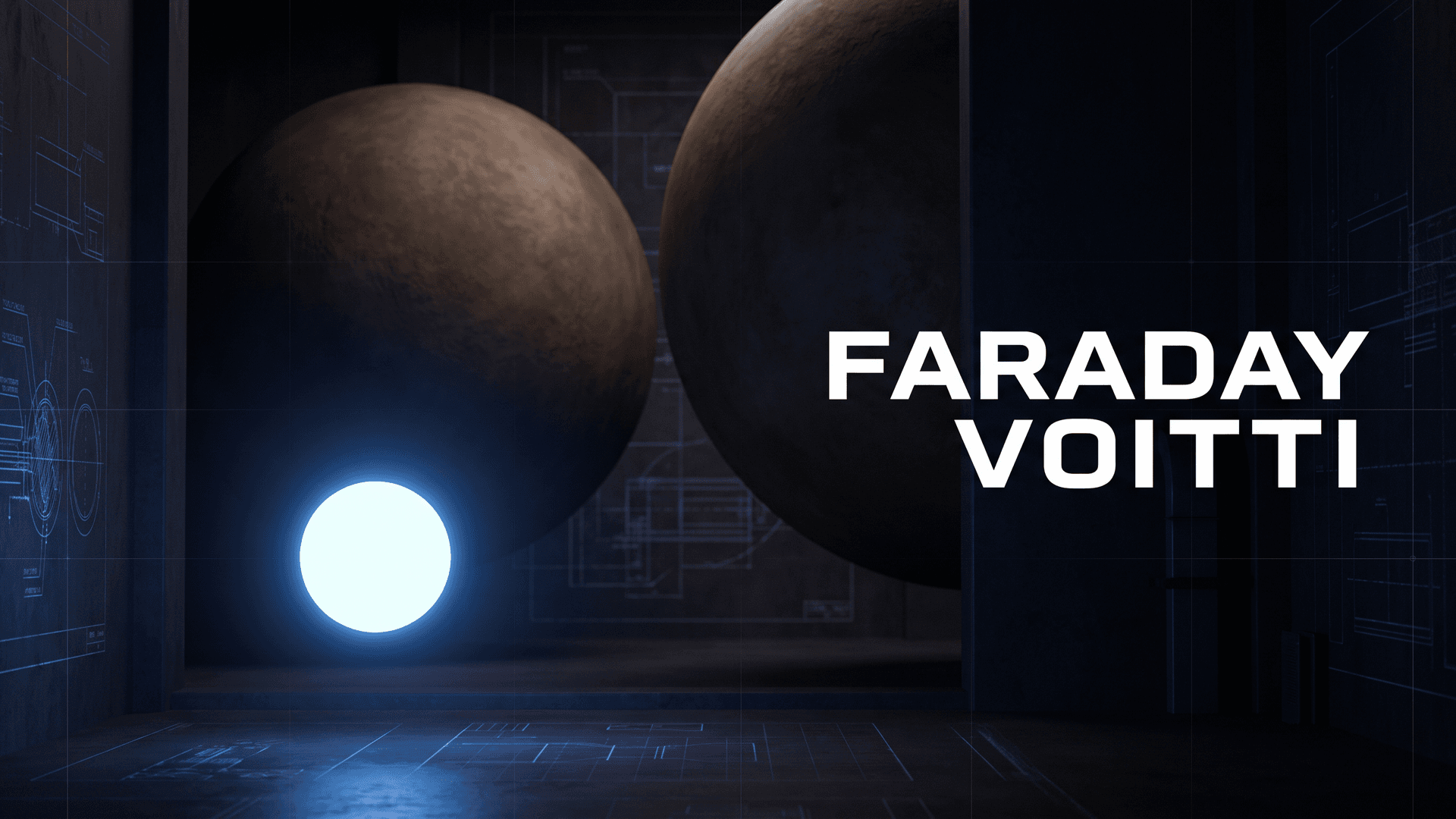 Pieni kirkas valopallo kahden suuren himmeän pallon edessä ja teksti FARADAY VOITTI