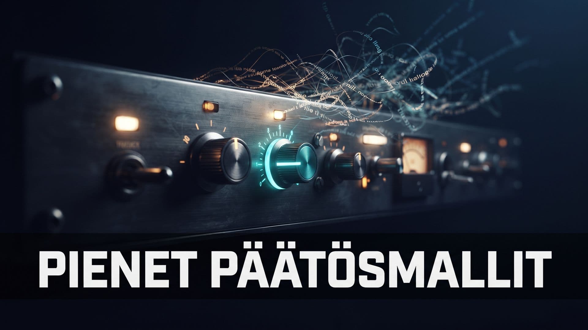 Ohjauspaneelin säätimiä, joista yksi hehkuu turkoosina, päällä teksti Pienet päätösmallit.