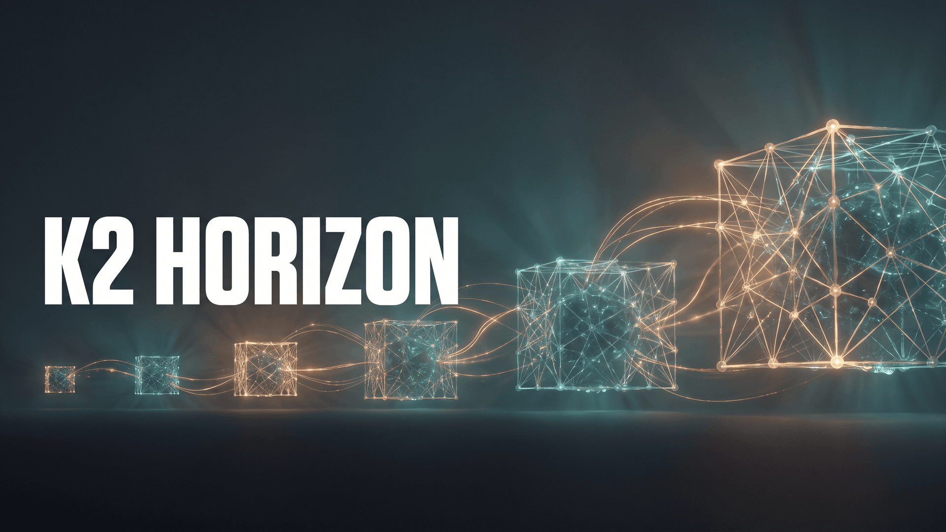Kuusi kasvavaa hehkuvaa neuroverkkokuutiota rivissä tummalla taustalla, teksti K2 Horizon