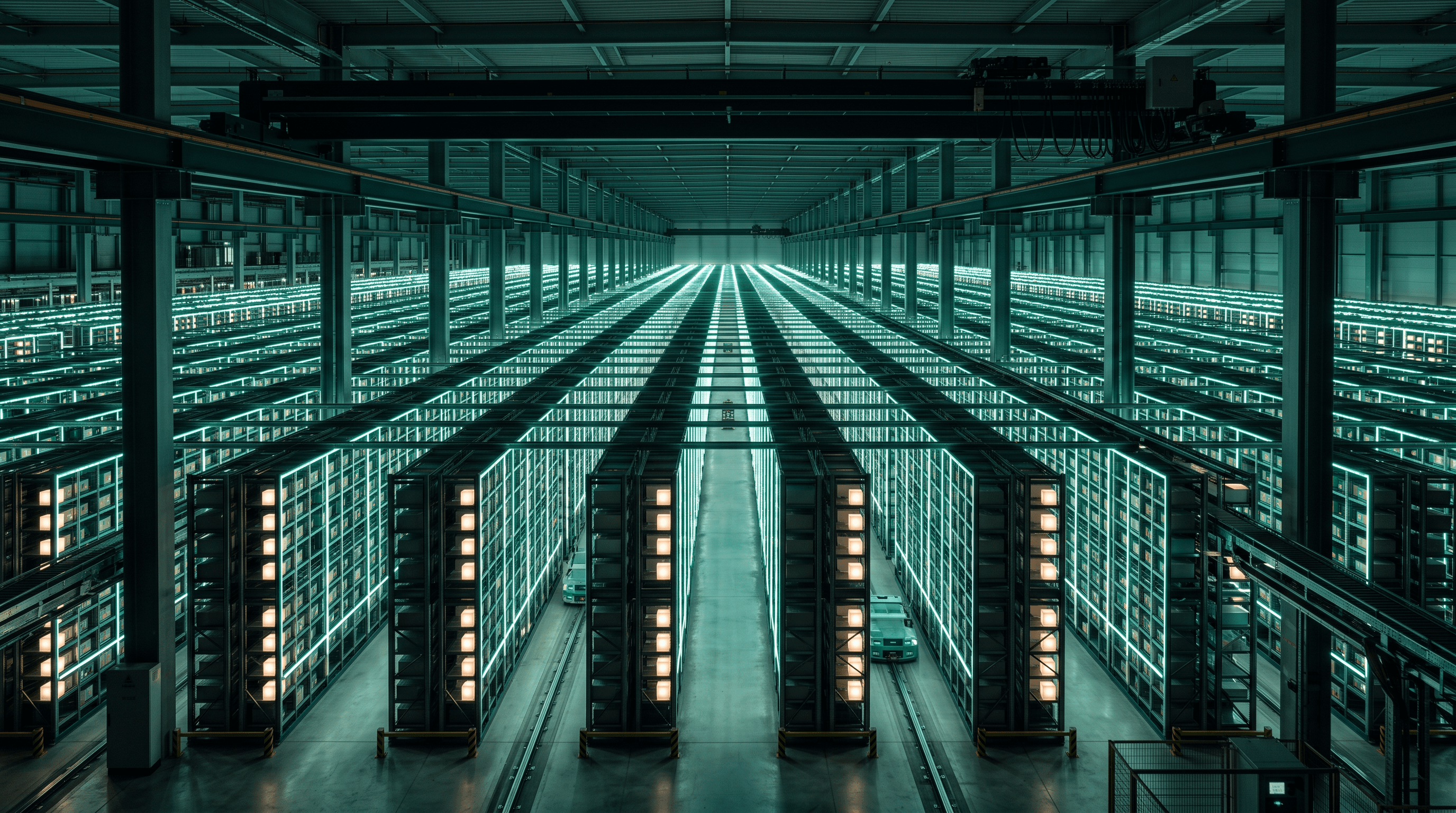 Valtava automaattivarasto identtisiä valaistuja säilytyslokeroita