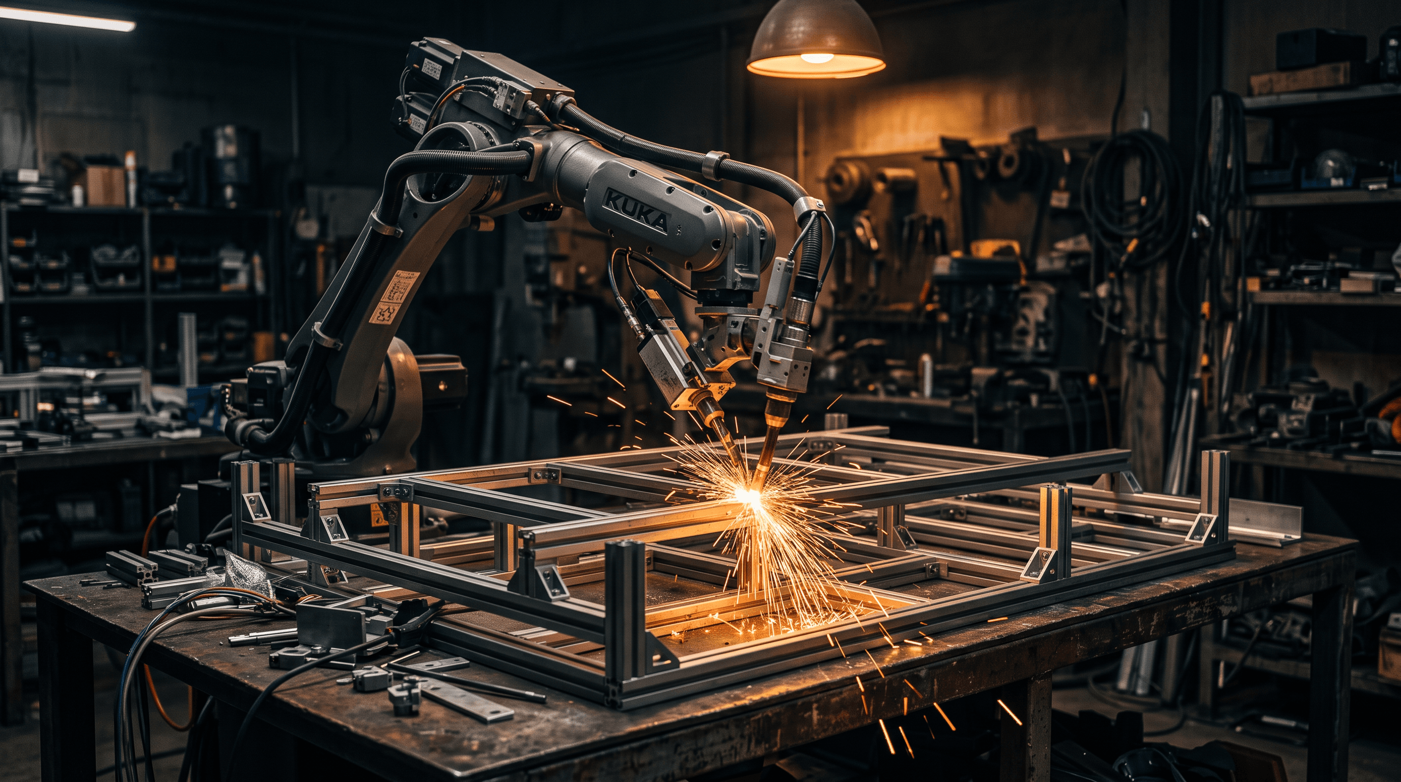 Teollisuusrobotin käsivarsi kokoaa moduulirakennetta työpöydällä