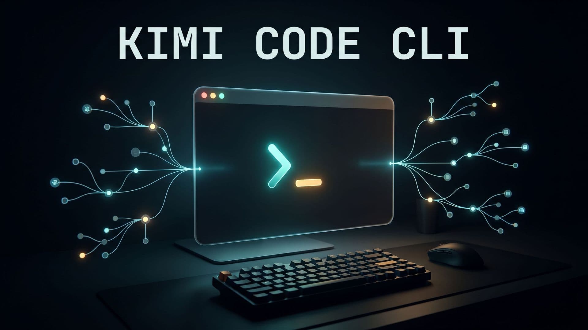 Kimi Code CLI -teksti terminaali-ikkunan ja haarautuvien agenttisolmujen päällä