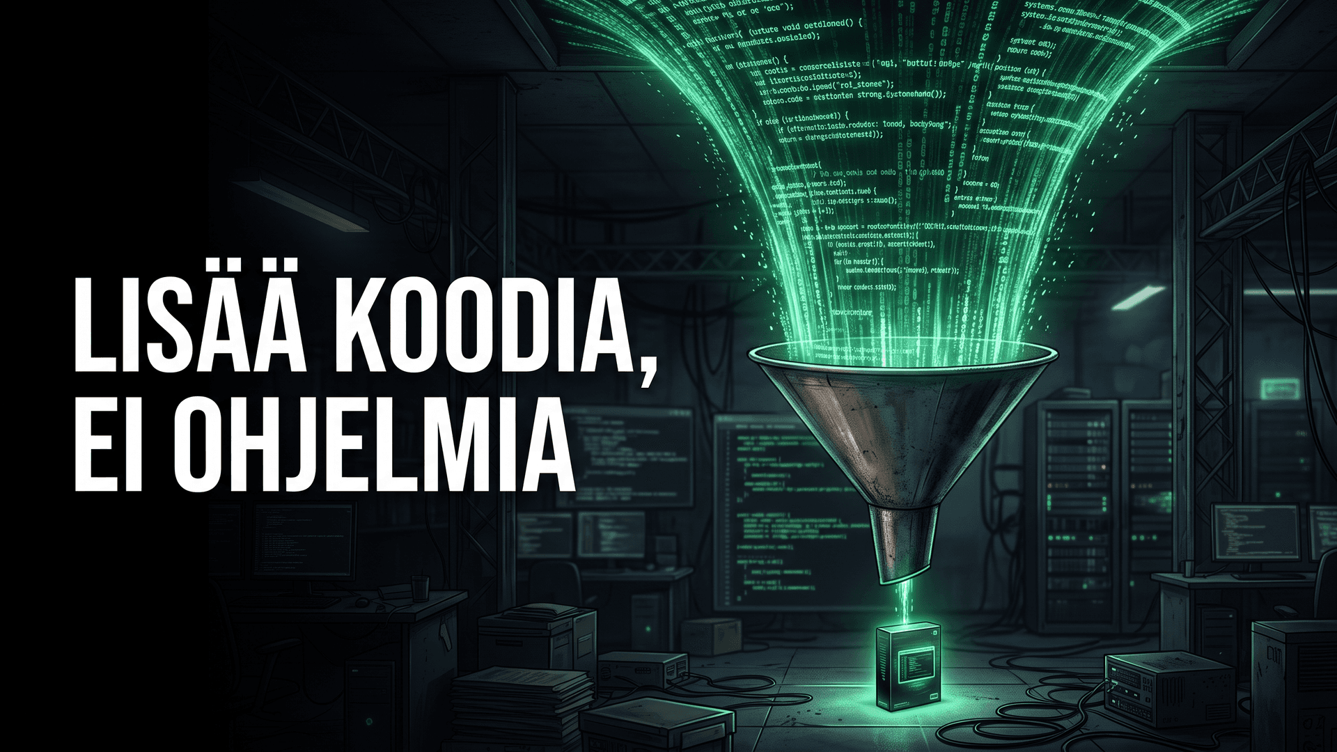 Valtava koodivirta valuu suppiloon, josta tulee ulos vain pieni valmis ohjelmistopaketti