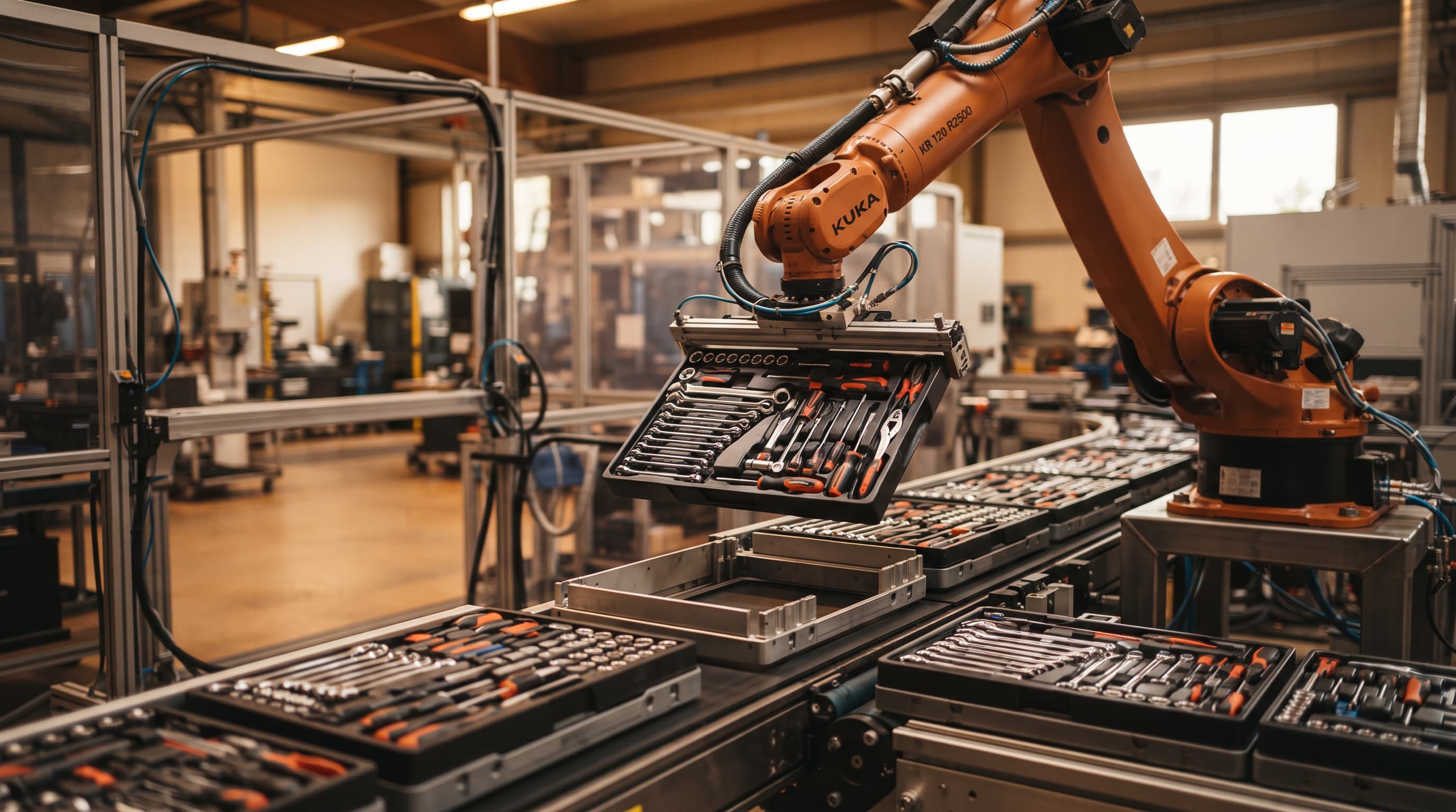 Robottikäsi asettaa valmiiksi pakattuja työkalualustoja liukuhihnalle