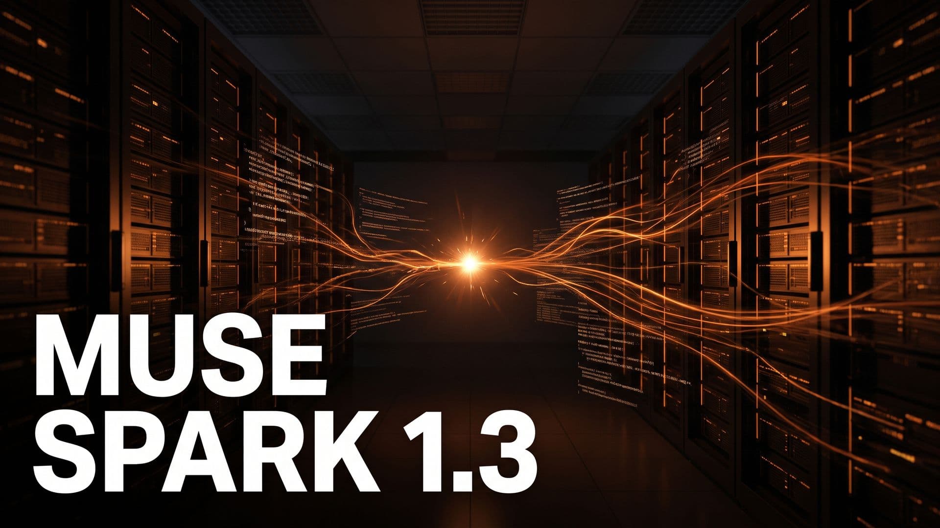Pimeä palvelinsali, jossa oranssit koodivirrat yhtyvät kirkkaaksi kipinäksi ja teksti Muse Spark 1.3