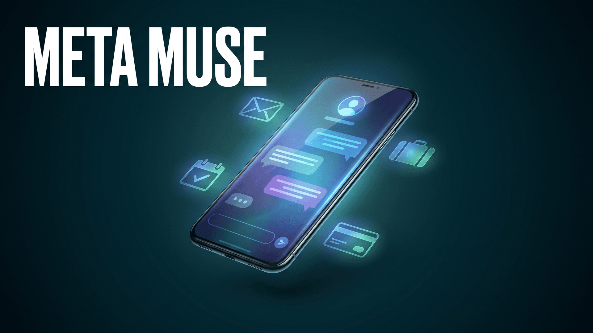 Puhelin ja sen ympärillä leijuvat sovelluskuvakkeet, teksti Meta Muse