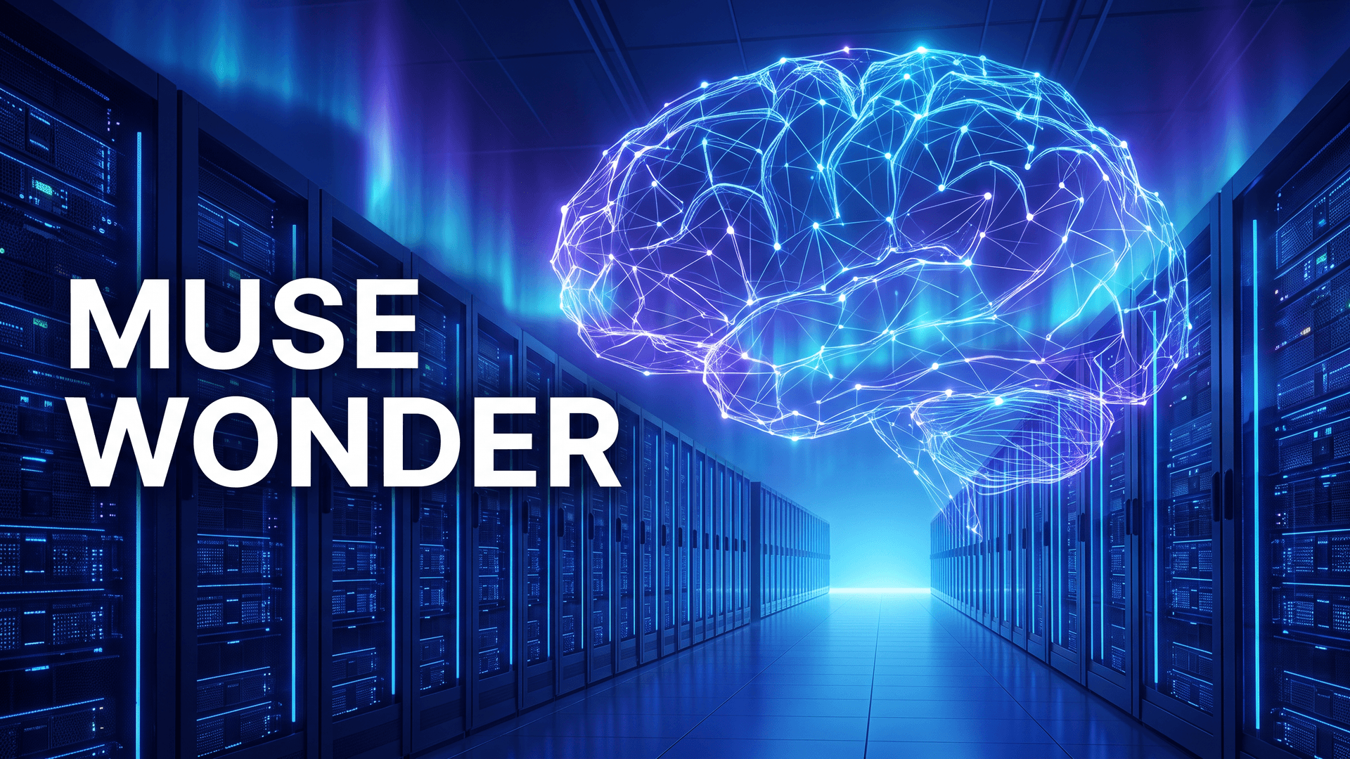Datakeskuksen palvelinrivit ja hehkuva neuroverkko, kuvassa teksti MUSE WONDER