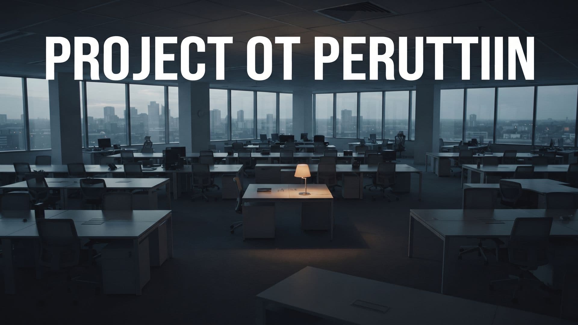 Autio avokonttori hämärässä, keskellä yksi valaistu työpiste, otsikkona Project OT peruttiin.