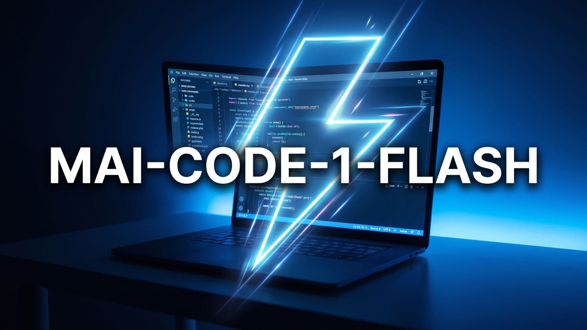 Kuvituskuva hehkuvasta koodieditorista ja salamamotiivista, tekstinä MAI-Code-1-Flash.