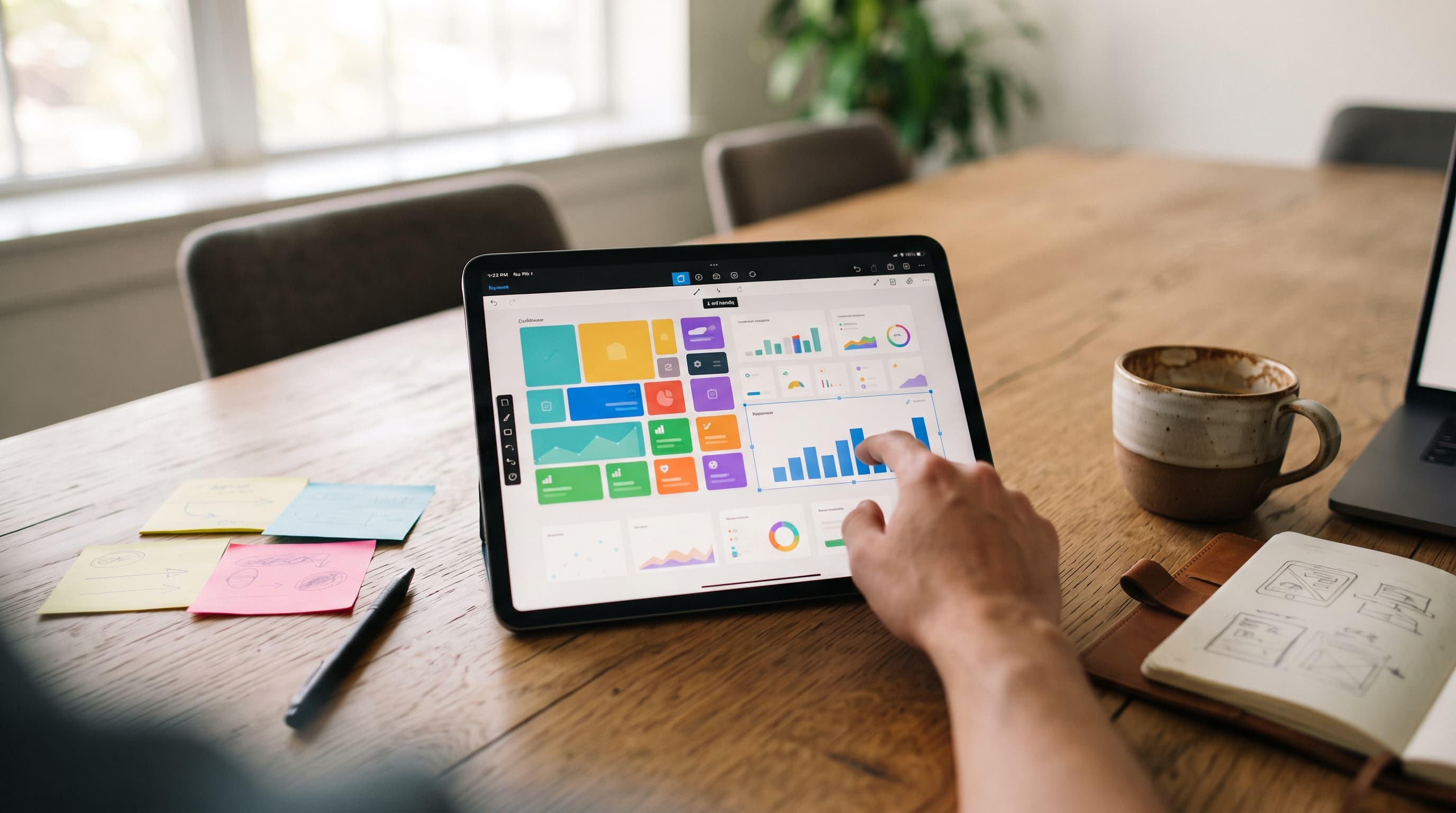 Tabletilla rakennetaan värikästä kojelautaa neuvotteluhuoneen puupöydällä