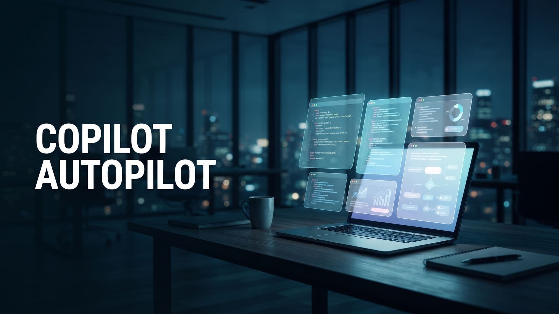 Yöllinen toimisto, jossa kannettavan yllä leijuvat käyttöliittymäpaneelit ja teksti COPILOT AUTOPILOT