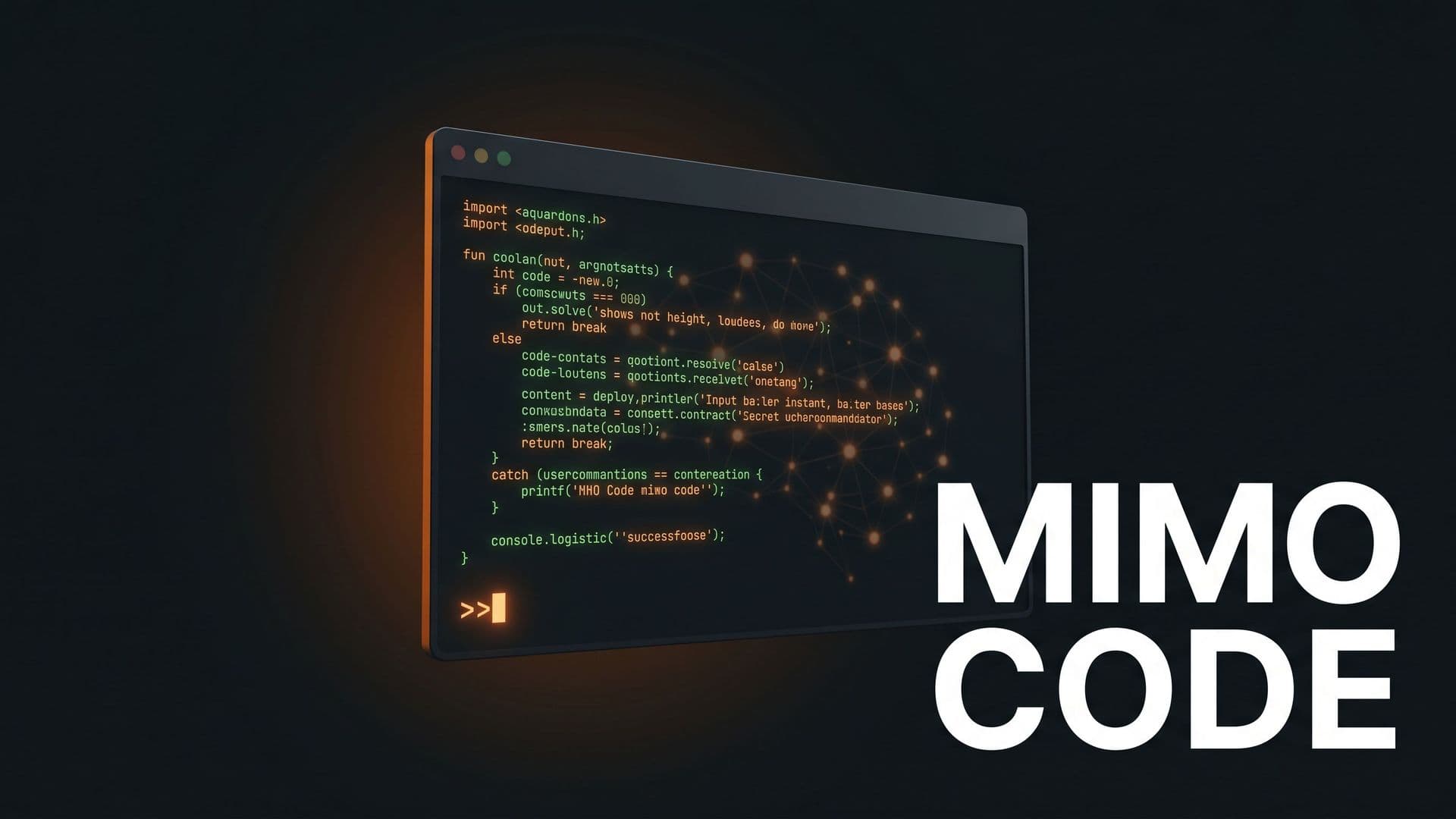 MiMo Code -otsikkokuva: hehkuva terminaali-ikkuna ja muistia kuvaava verkosto taustalla