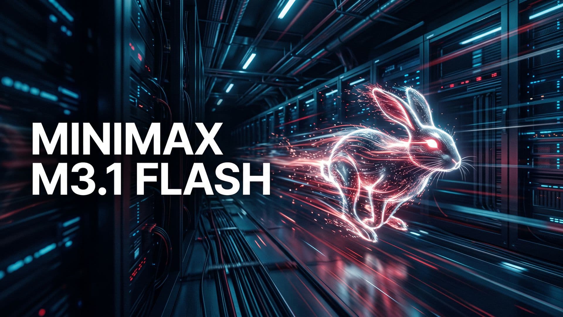 Valosta muodostuva jänis kiitää palvelinkäytävässä, kuvassa teksti MiniMax M3.1 Flash