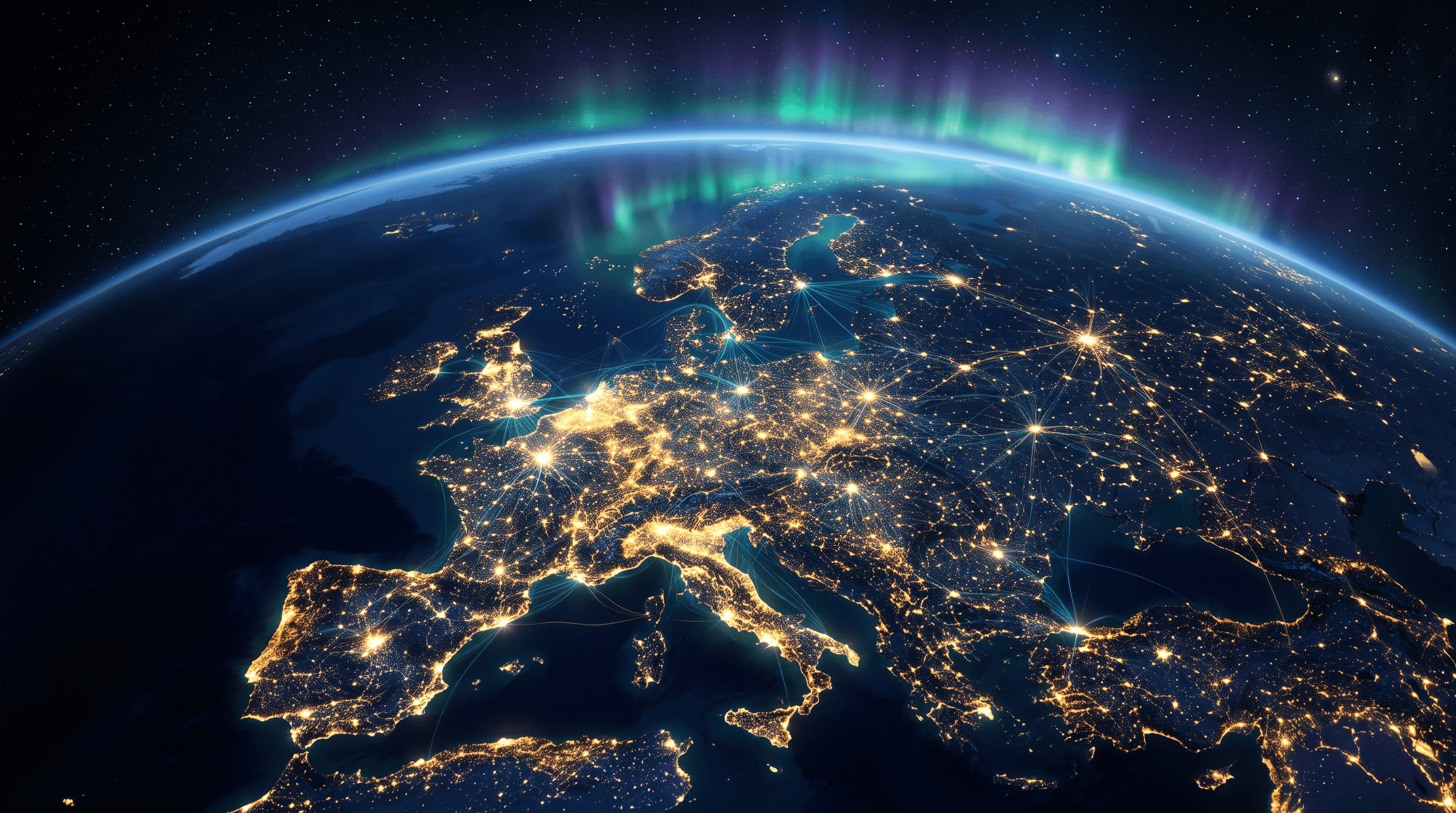 Euroopan kaupunkien valot yöllä avaruudesta datayhteyksien verkkona