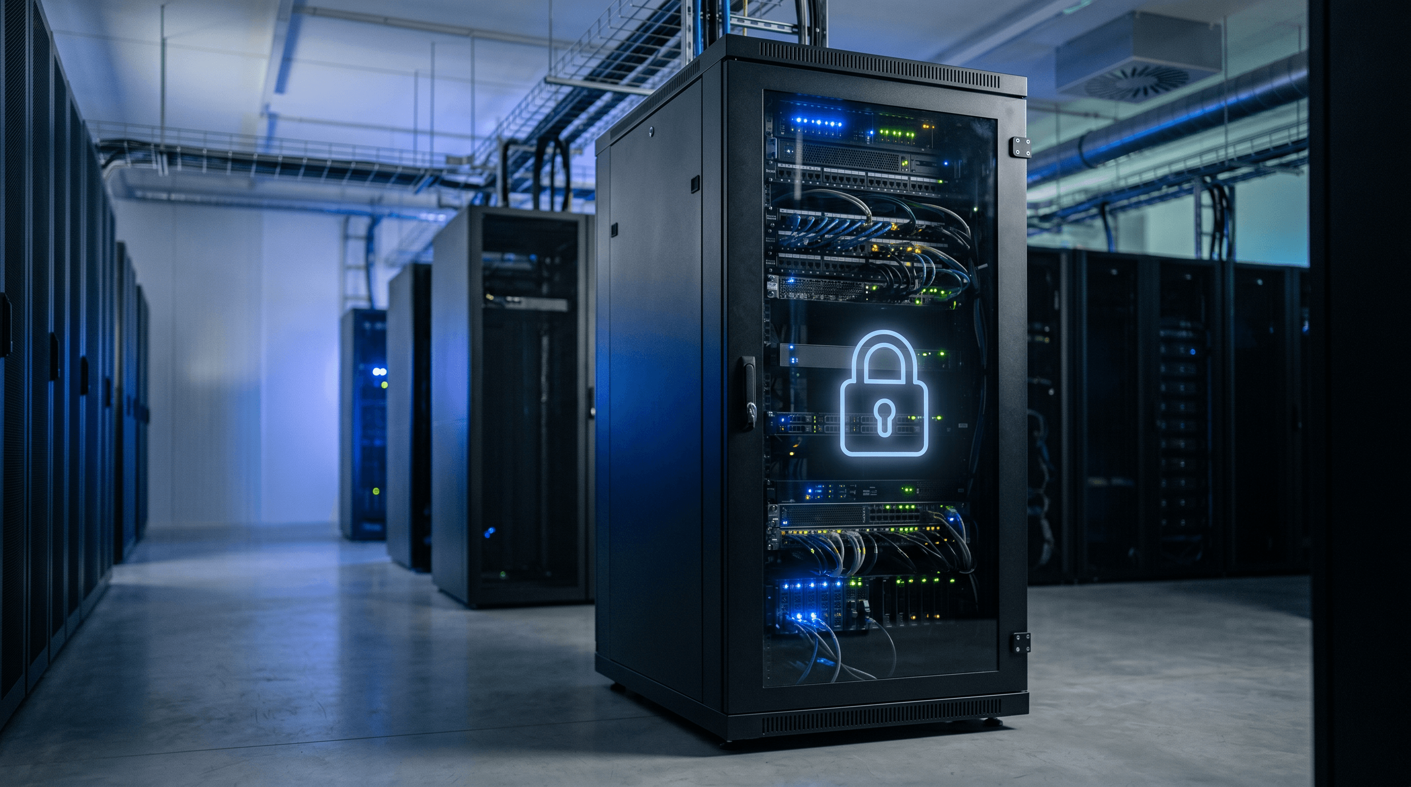 Suojattu palvelinteline omassa konesalissa, lukkomotiivi kuvaa datasuvereniteettia