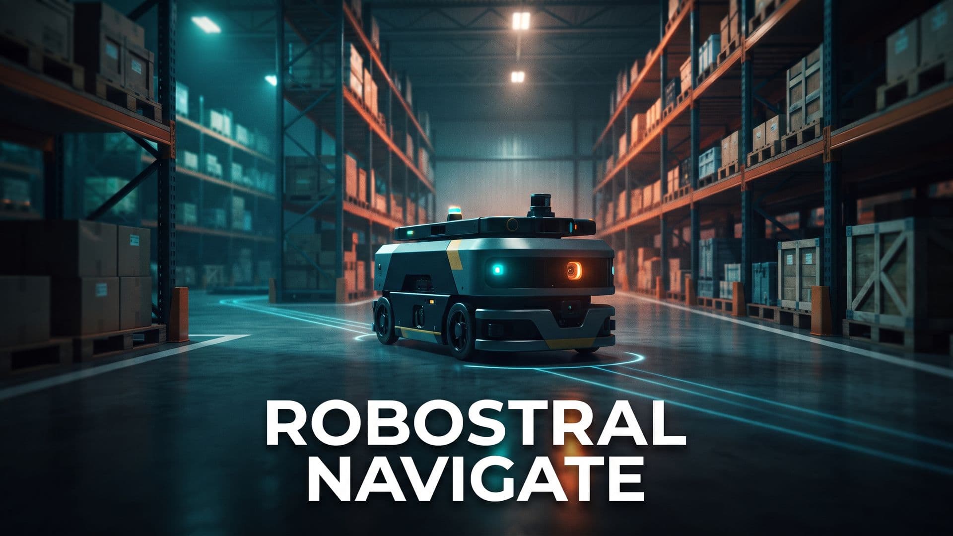 Robostral Navigate -otsikkografiikka: robotti varastokäytävällä