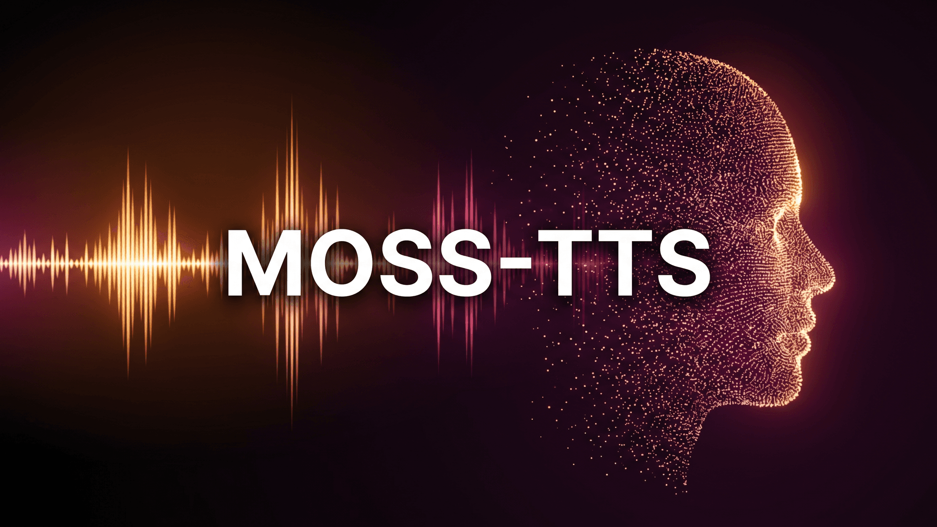MOSS-TTS -kansikuva: ääniaalto muotoutuu ihmisen profiiliksi äänihiukkasista.