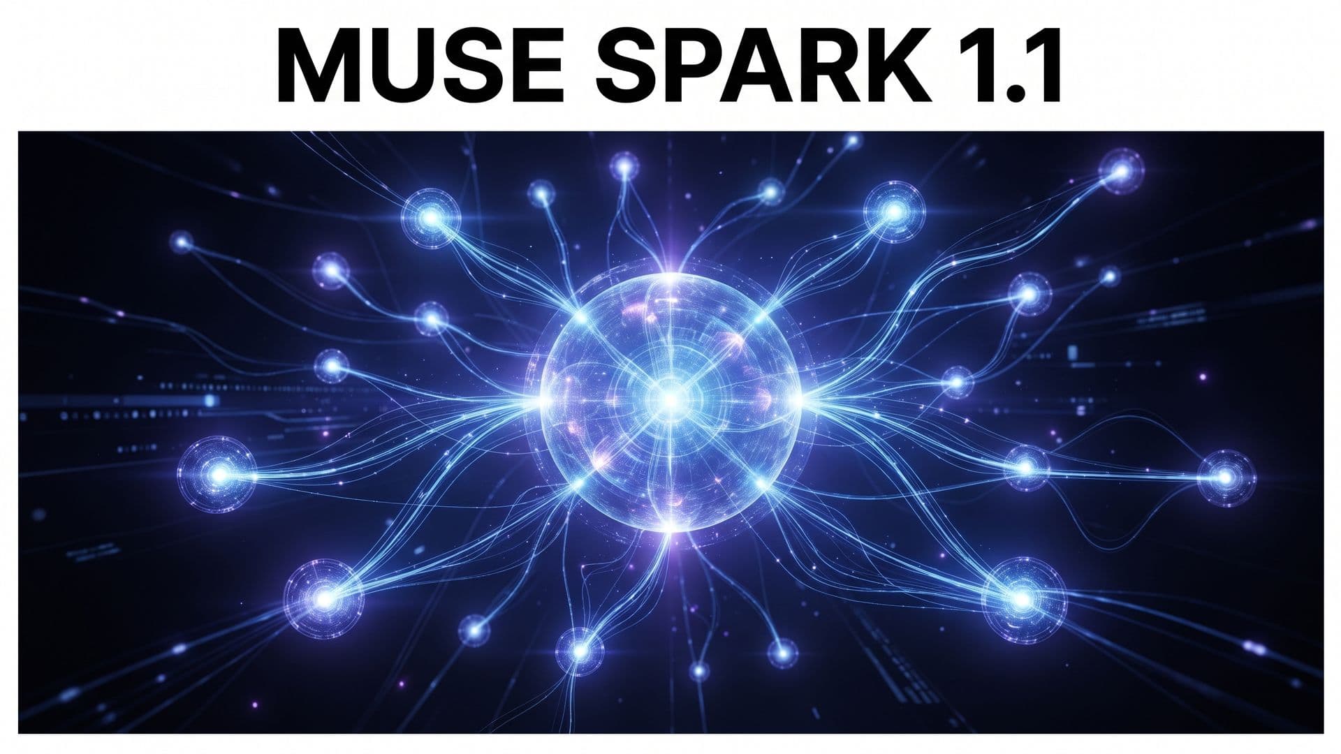 Hehkuva keskuspallo orkestroi pienempiä agenttisolmuja, tekstinä MUSE SPARK 1.1.