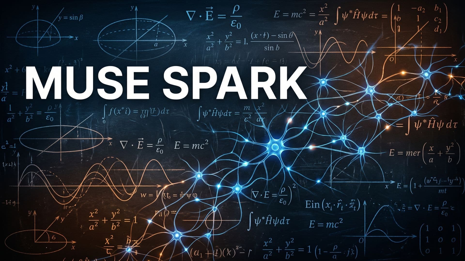 Liitutaulu täynnä matemaattisia kaavoja ja hehkuva hermoverkko, otsikkona MUSE SPARK