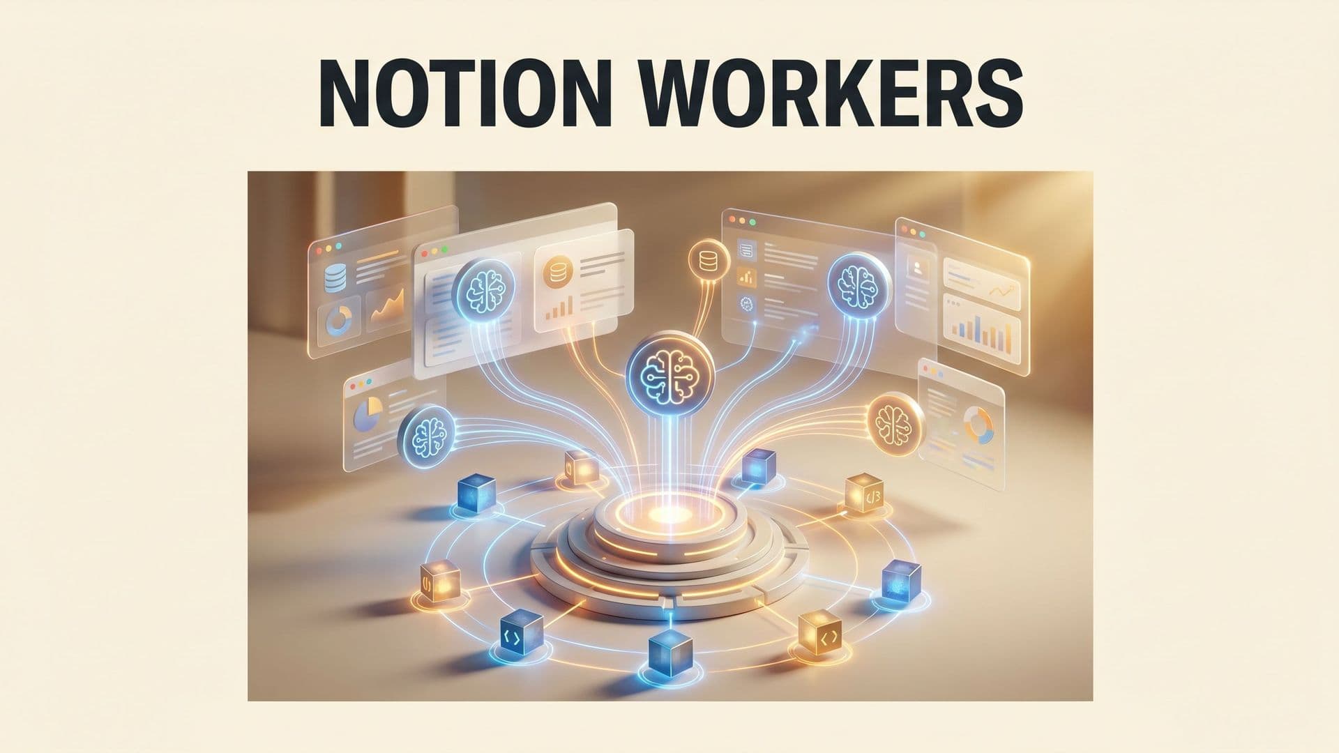 Magazine-tyylinen graafinen kansikuva Notion Workers -uutisesta: hehkuvia tietokantakortteja ja agenttiyhteyksiä.