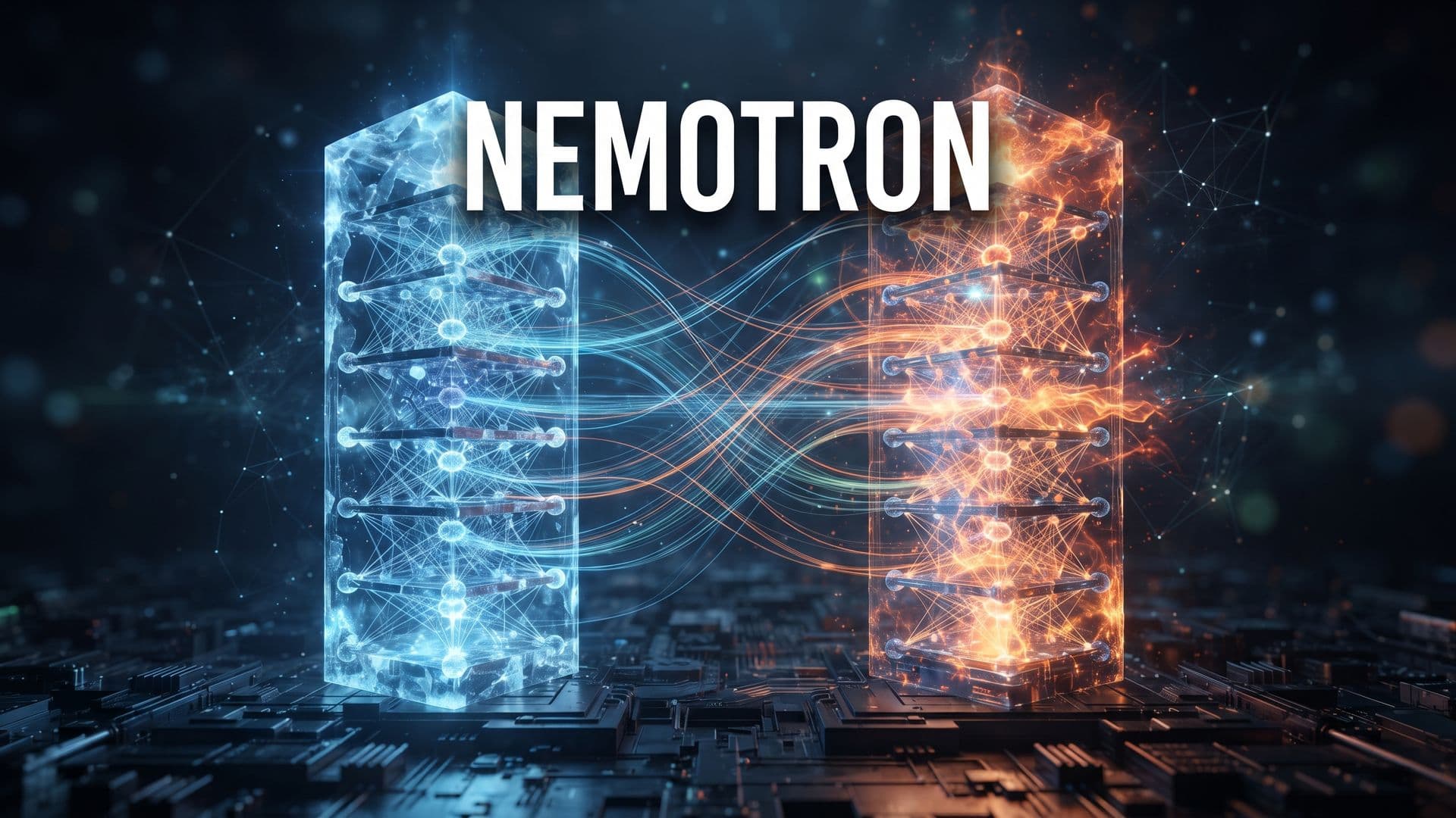 NEMOTRON-teksti julisteessa, kaksi hehkuvaa neuroverkkotornia rinnakkain valonauhoin yhdistettynä